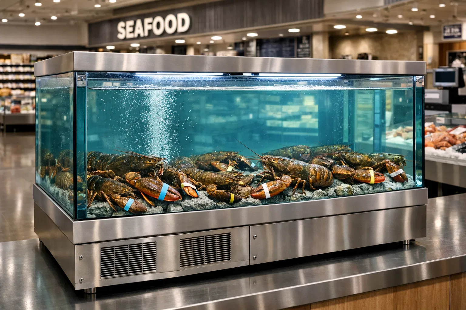 Professionally maintained commercial lobster tank in a grocery store