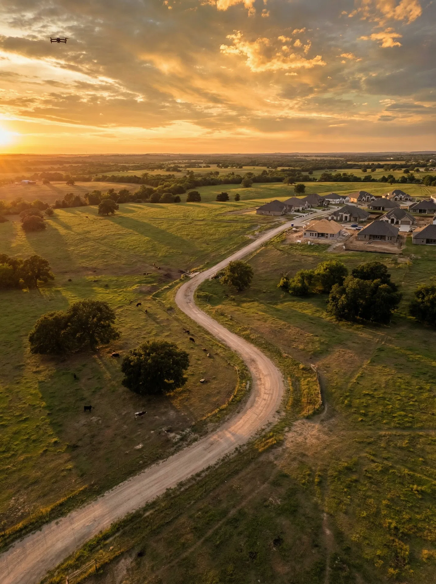 Aerial view of North Texas land transitioning from open prairie to new residential development at golden hour