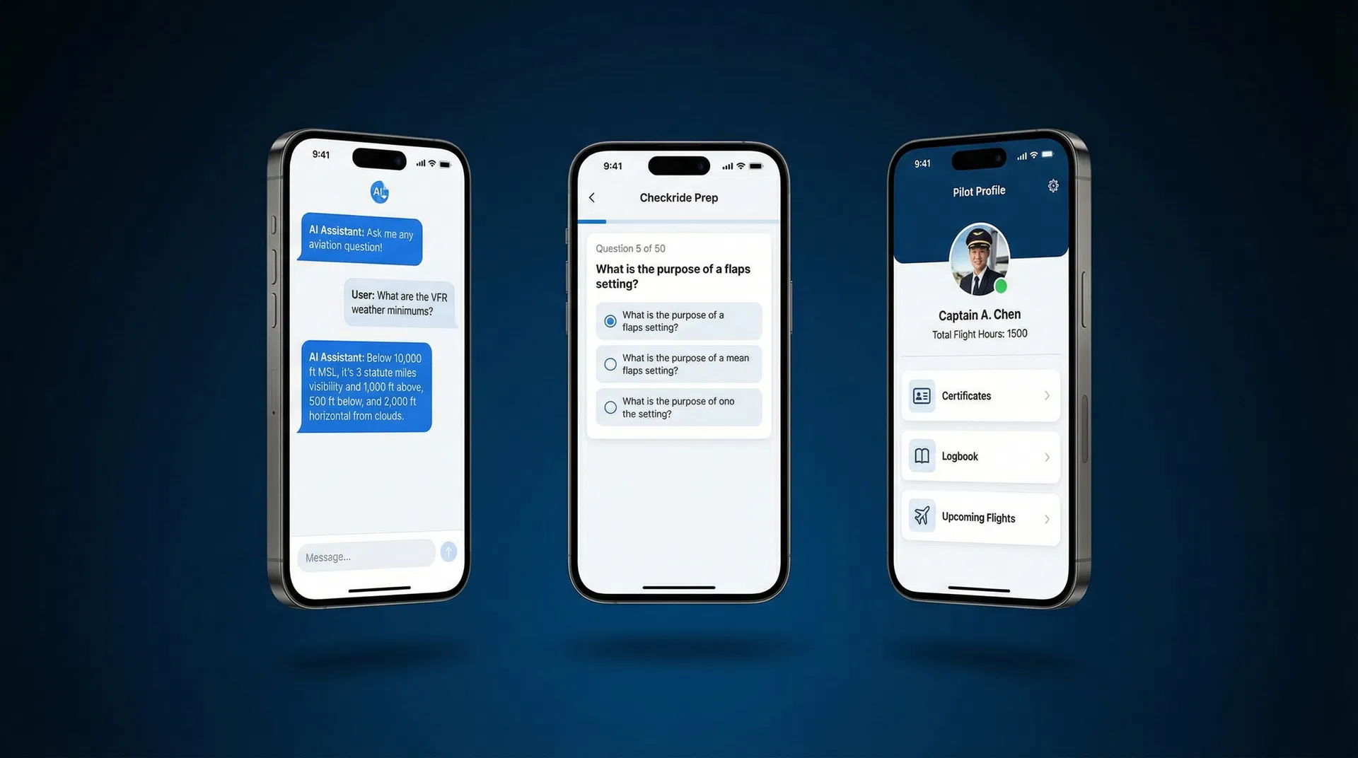 CockpitIQ app screenshots showing chat interface, checkride prep, and pilot profile
