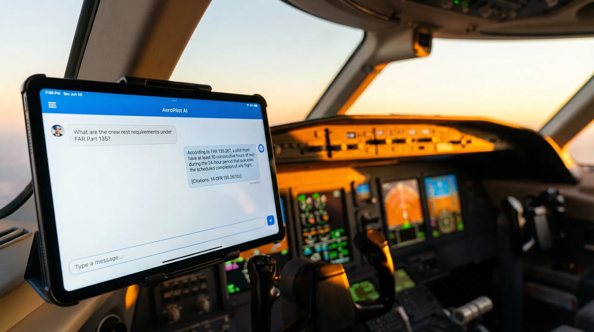 CockpitIQ AI assistant displayed on a tablet in an aircraft cockpit