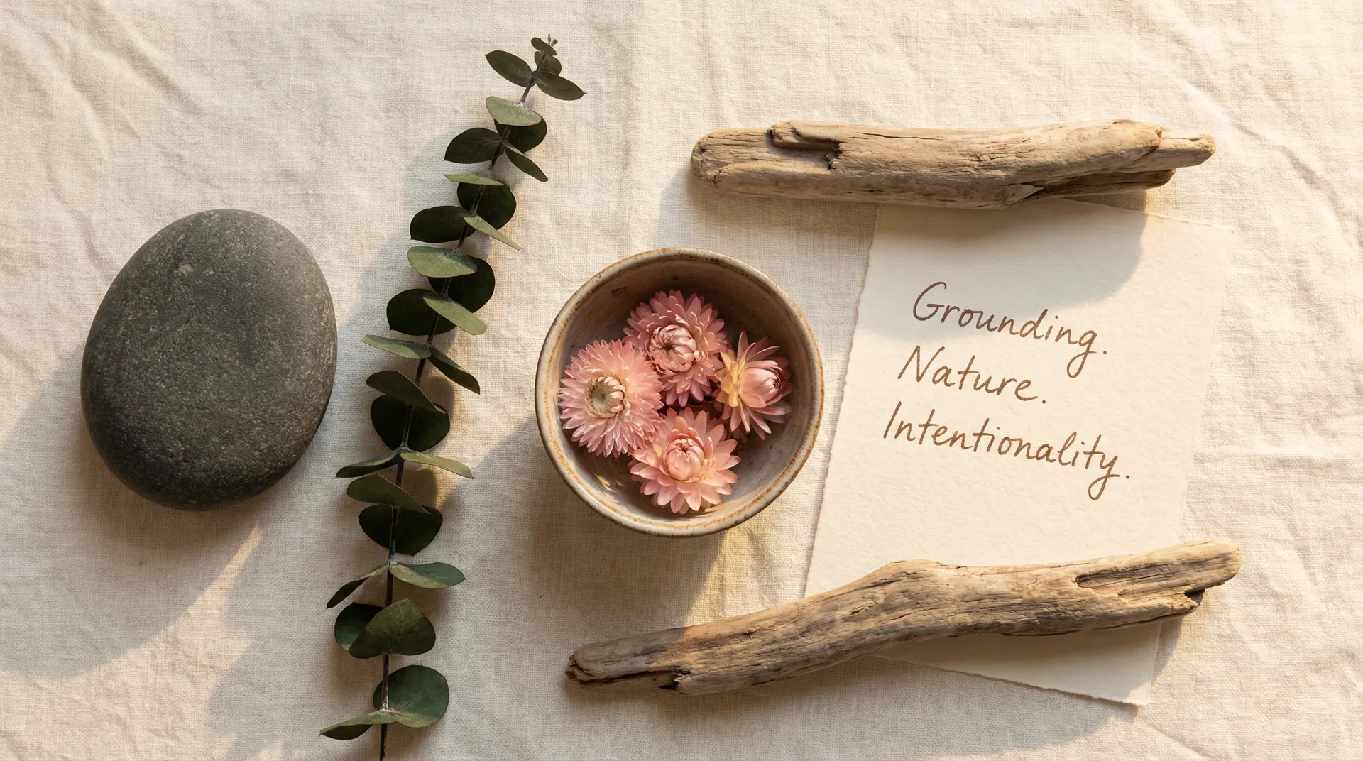 Grounding elements – stone, eucalyptus, dried flowers on linen
