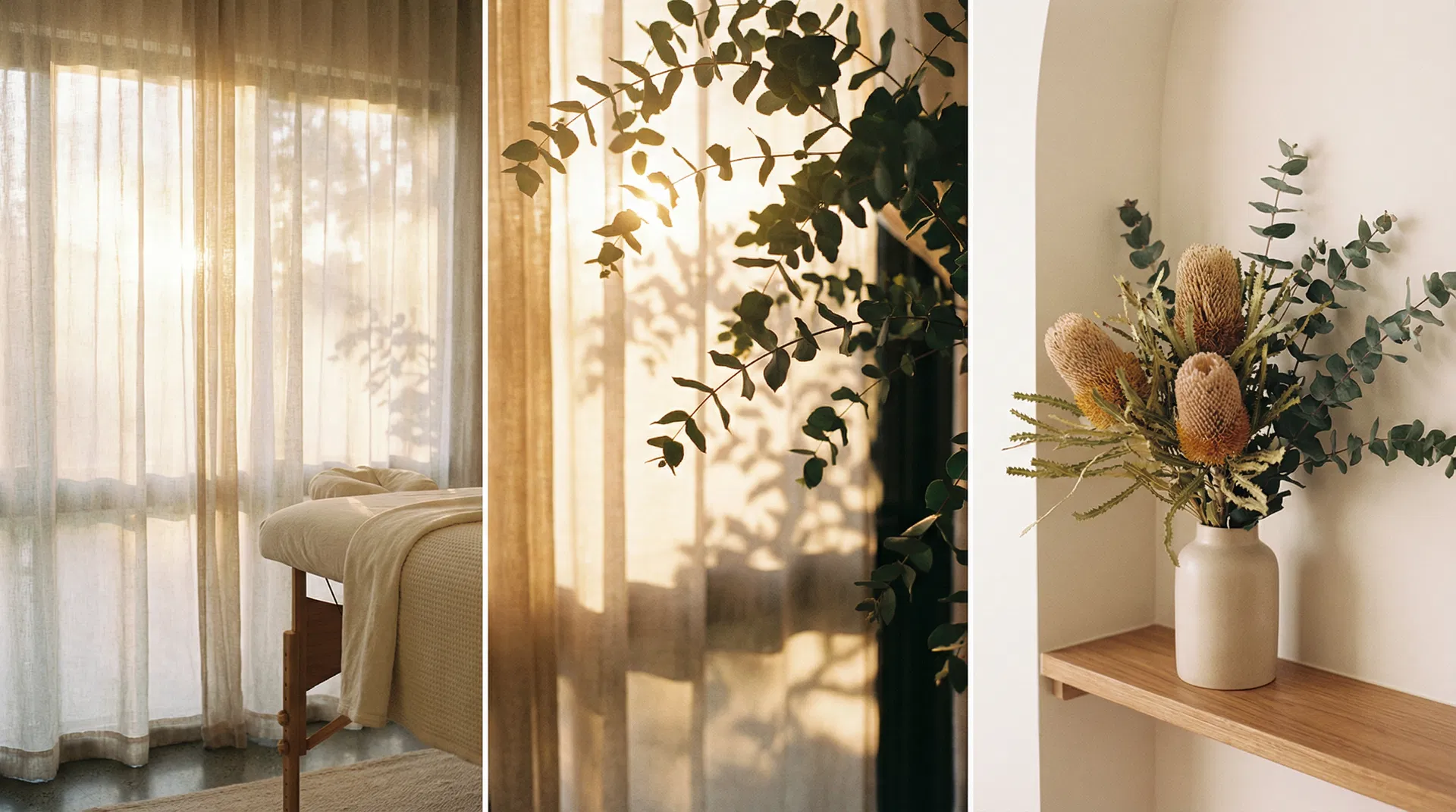 Calm treatment room with morning sunlight filtering through eucalyptus leaves