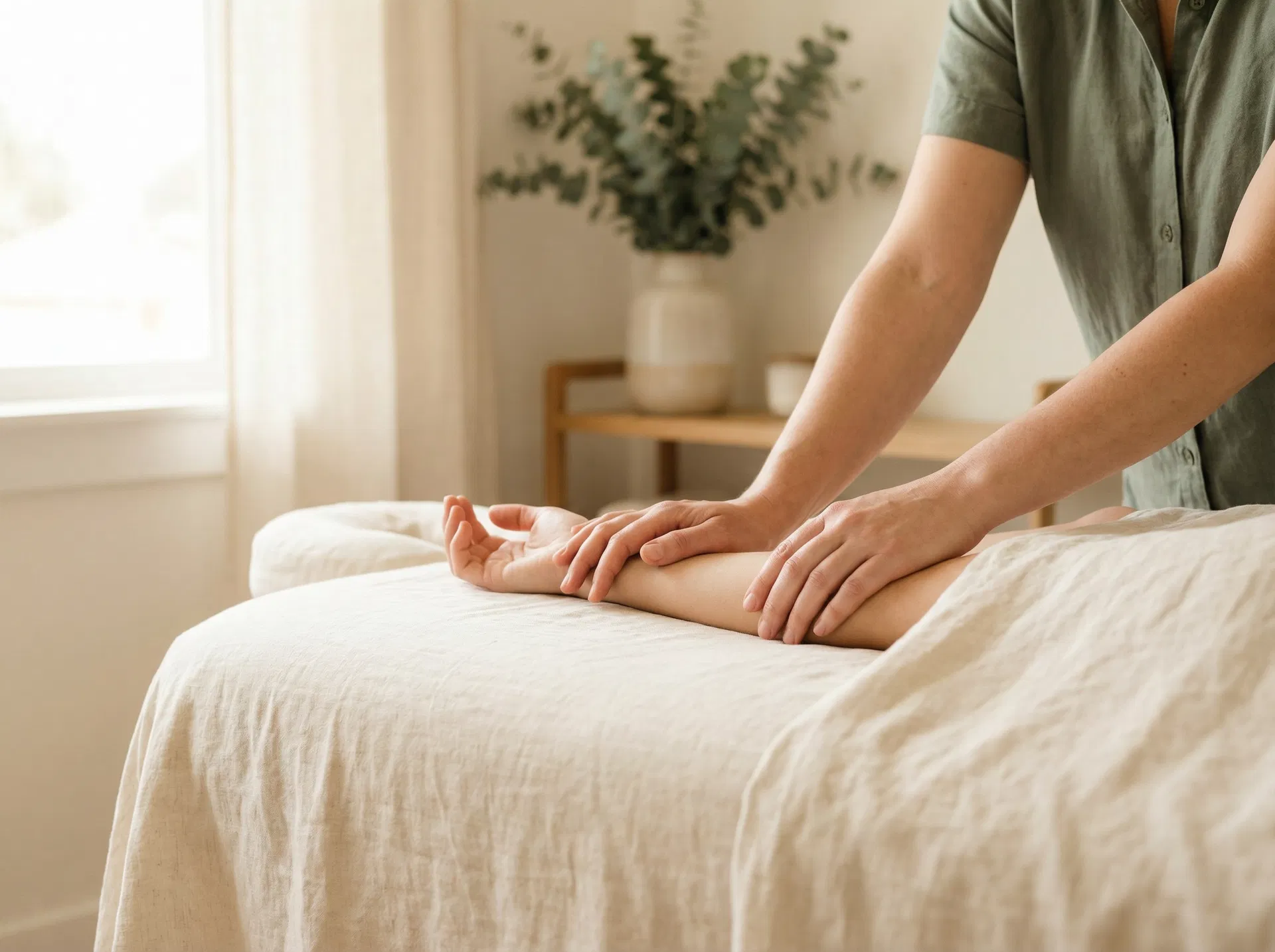 Gentle therapeutic hands in a calm treatment setting