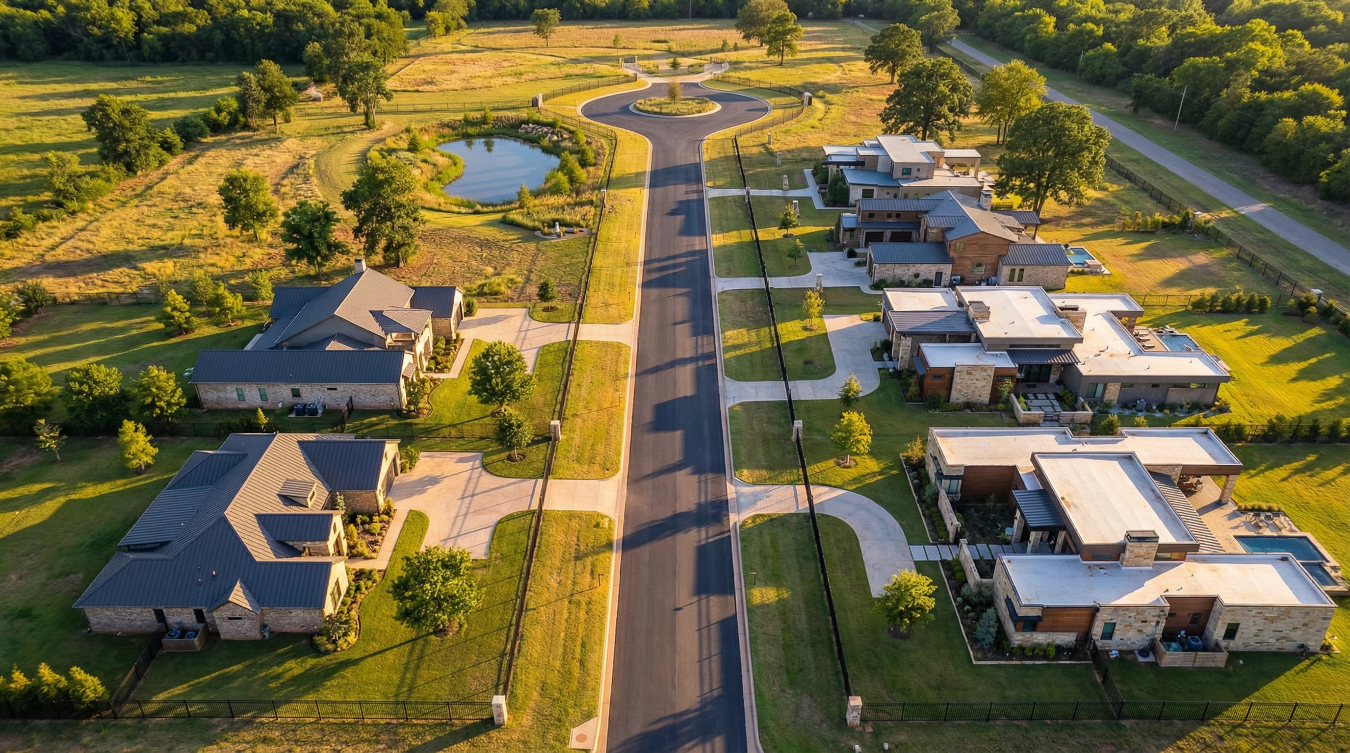 Aerial view of Verrado estate community with luxury homes along a straight street ending in a cul-de-sac