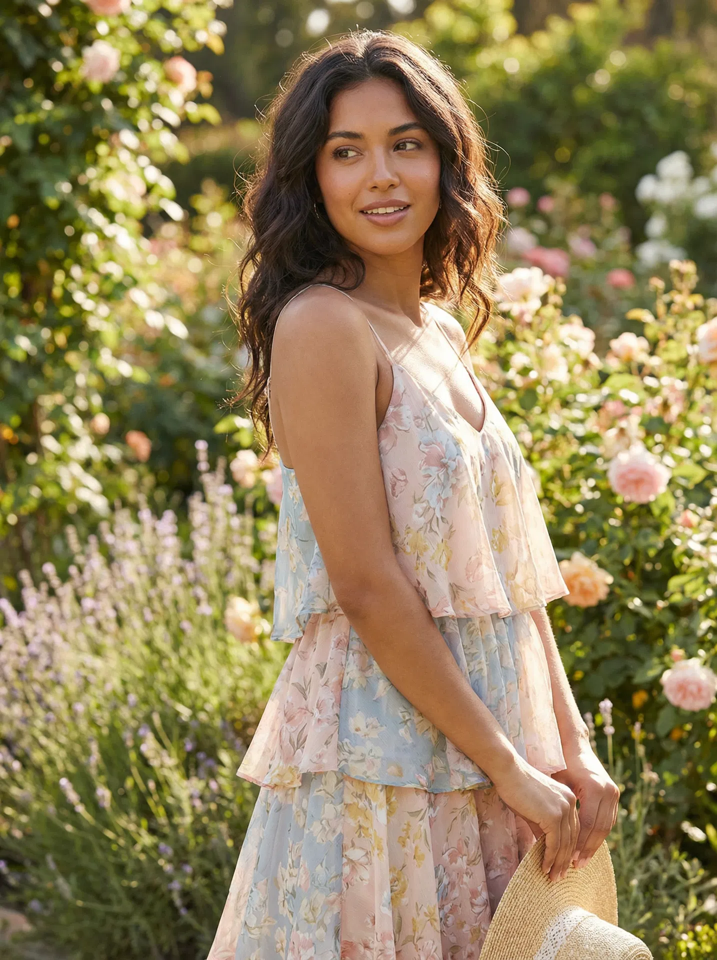 Latina woman in floral summer dress — AI garden fashion editorial