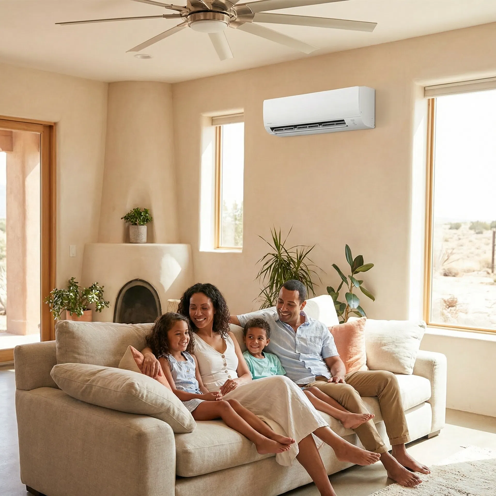 Happy Albuquerque family enjoying cool air from ductless mini split system in their home