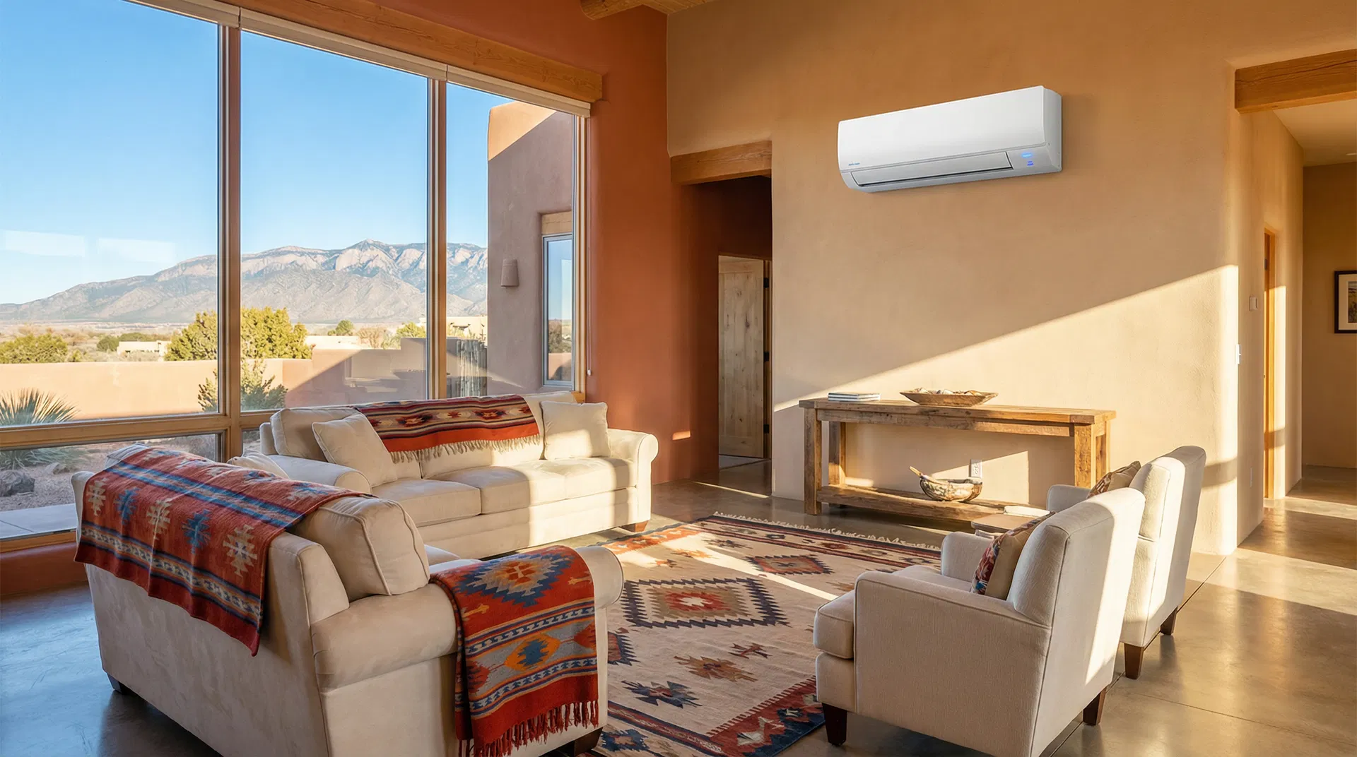 Modern Albuquerque living room with ductless mini split air conditioner installed on wall