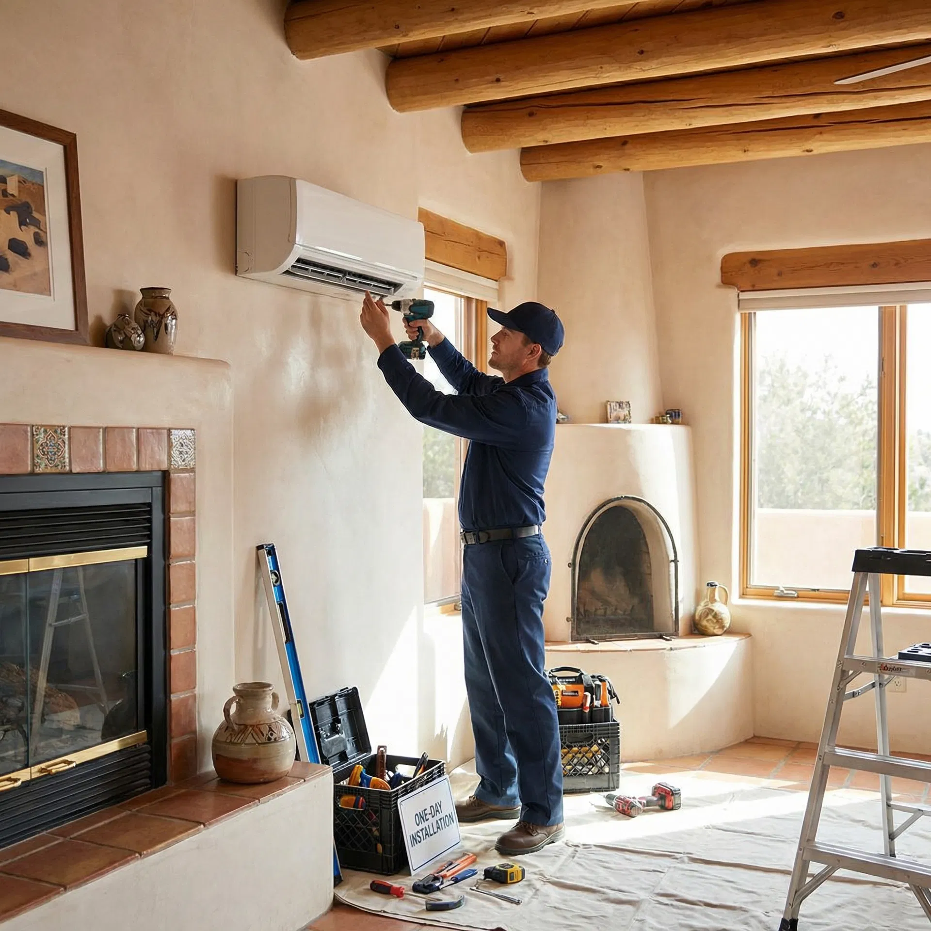 Licensed technician performing professional mini split installation in Albuquerque home