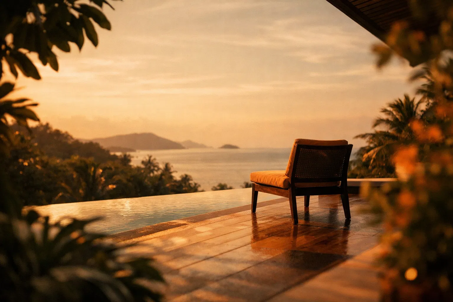 Luxury villa terrace in Phuket at golden hour