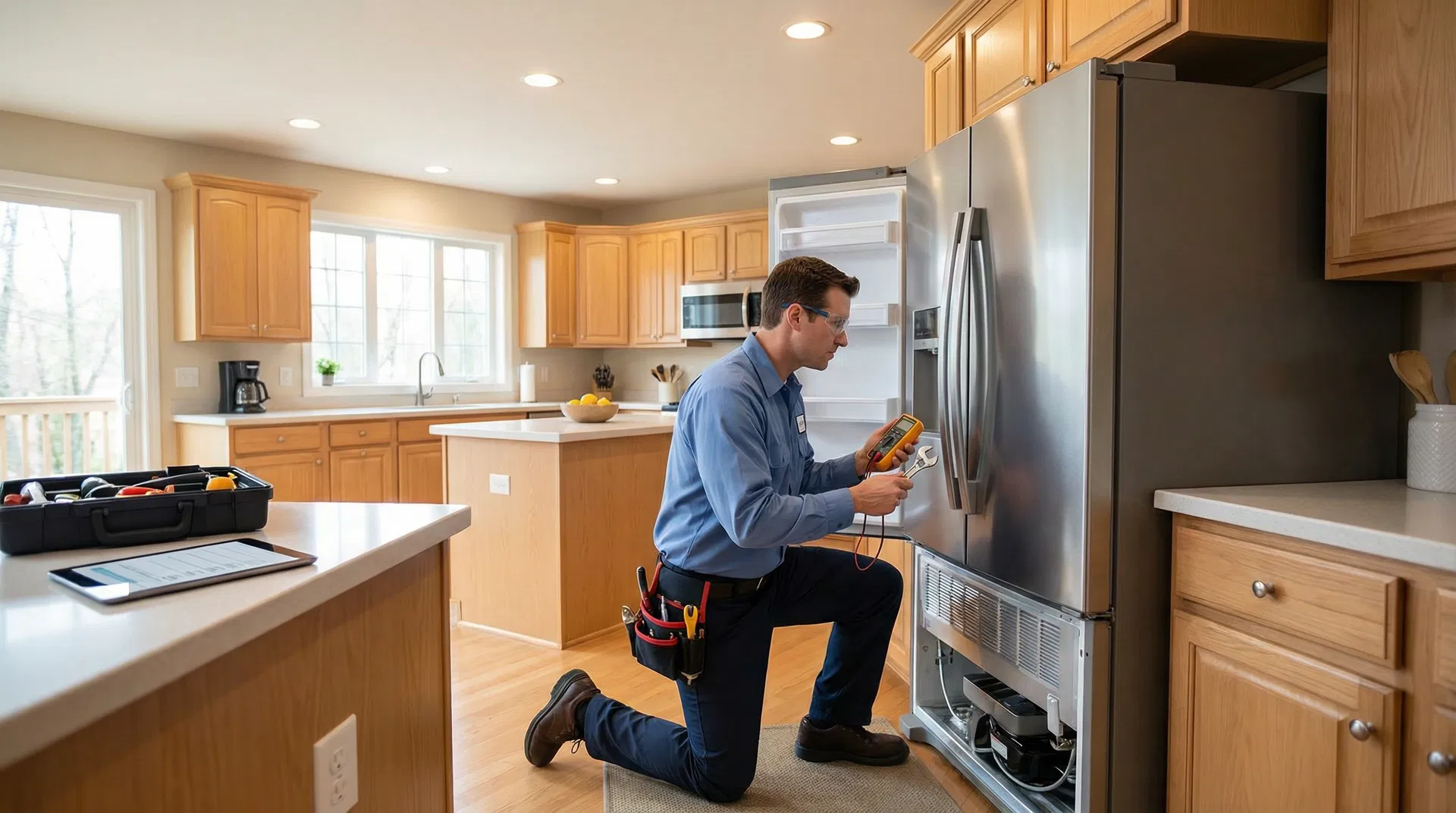 Técnico realizando manutenção em geladeira