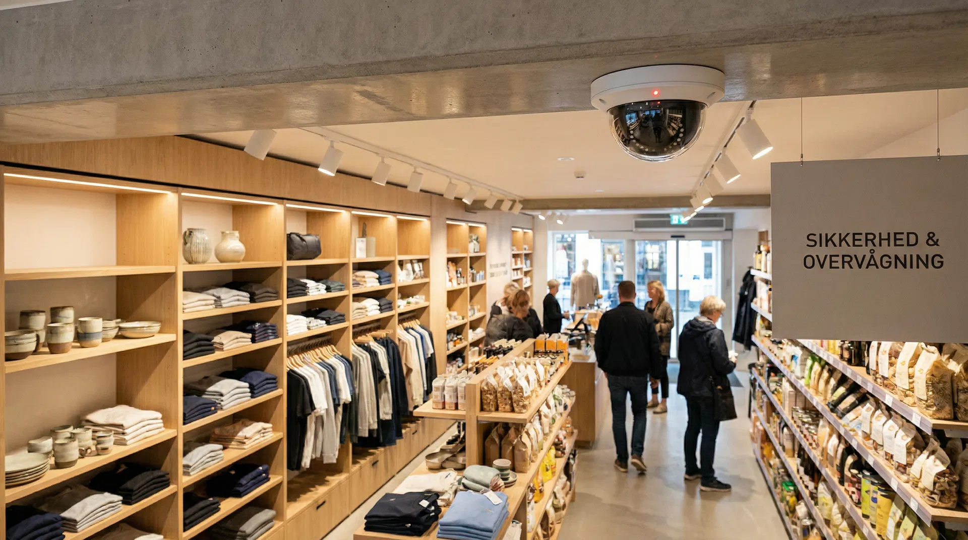 Dome sikkerhedskamera i loft over dansk detailbutik med hylder og kunder