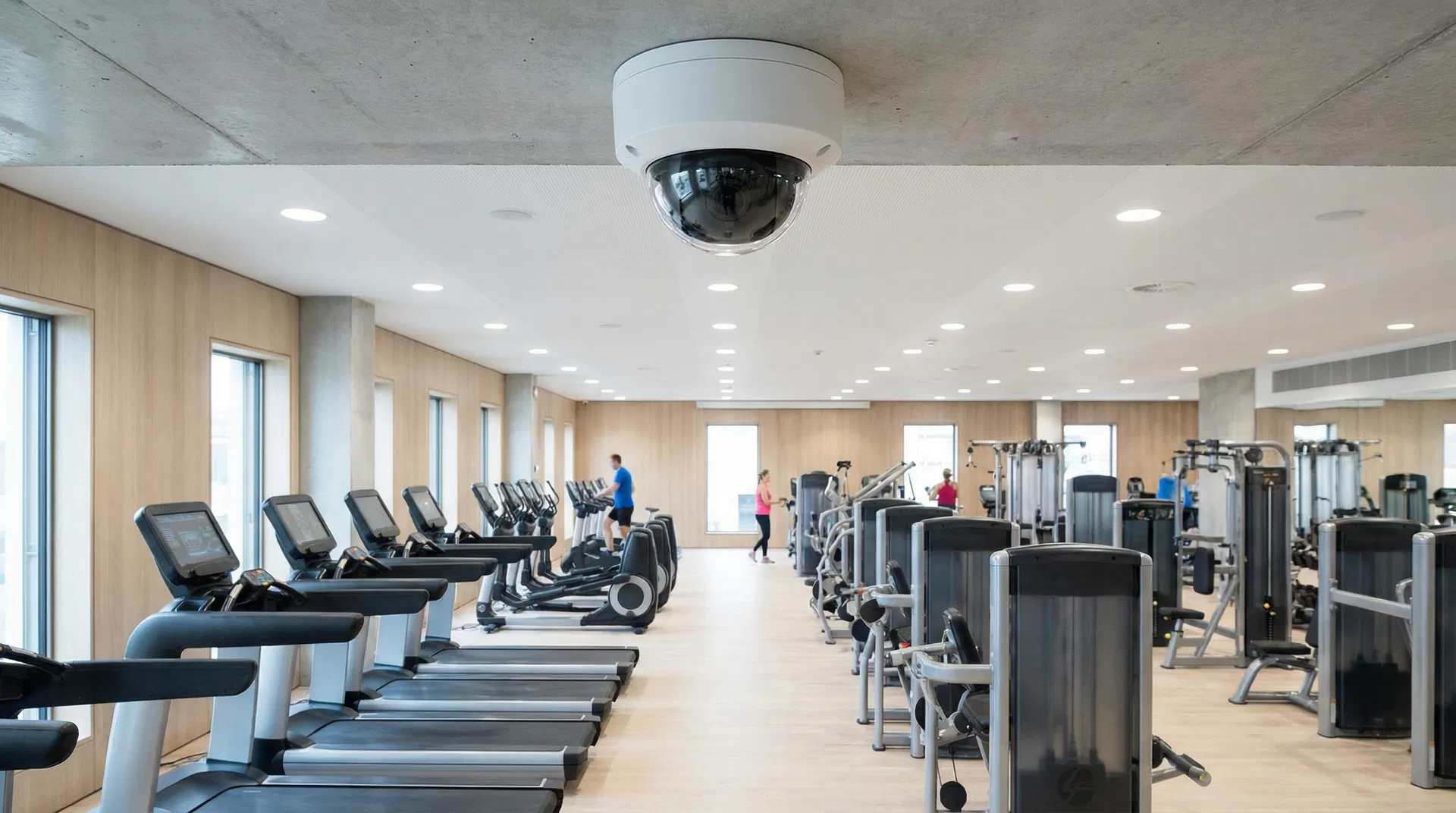 CCTV overvågningskamera monteret i loft over fitnesscenter med løbebånd og træningsmaskiner