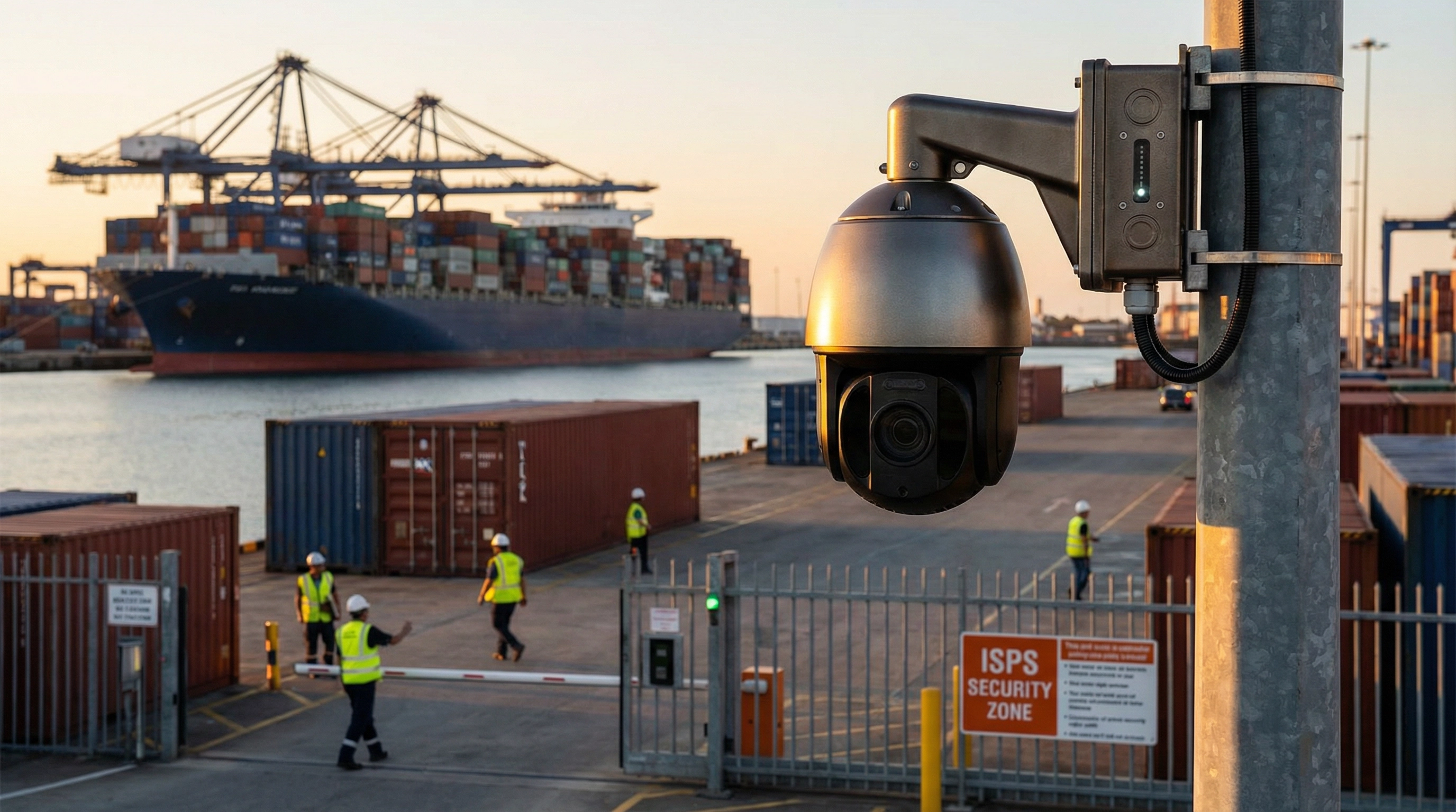 Havnesikkerhed med PTZ kamera på kaj ved containerhavn under ISPS-regler