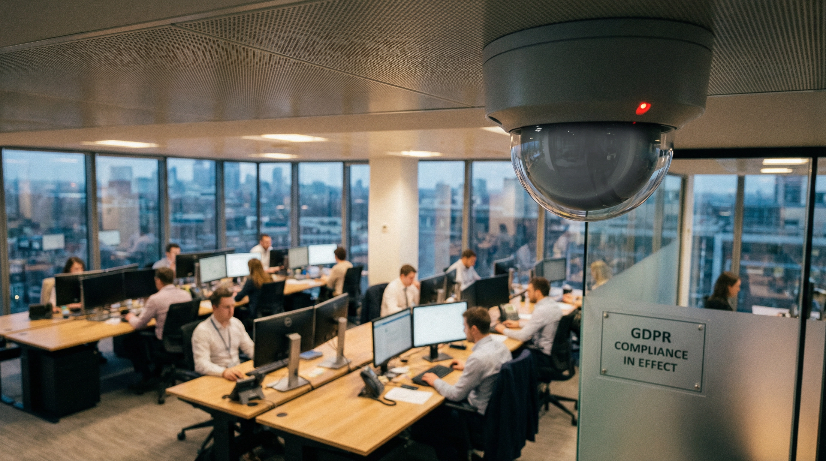 GDPR-compliant videoovervågning i moderne kontorbygning med glasfacade