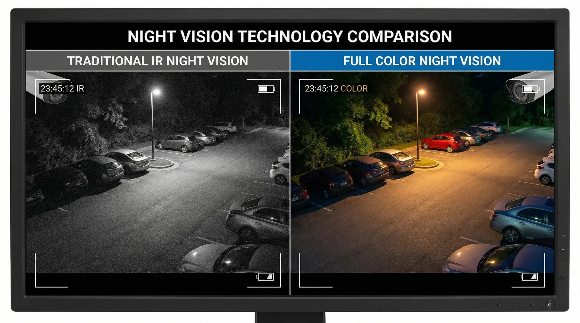 Sammenligning af IR sort-hvid nattesyn vs farvenattesyn i overvågningskamera