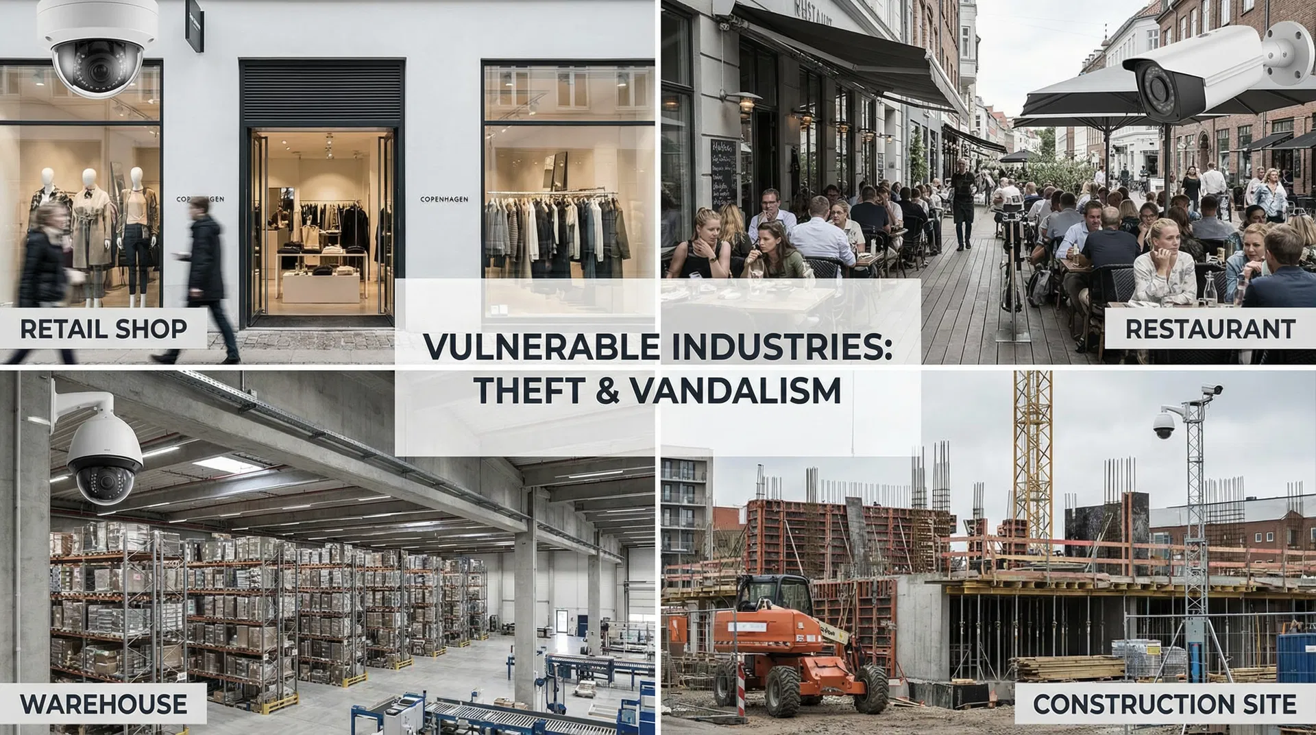 Collage af udsatte brancher: detailbutik, restaurant, lager og byggeplads med sikkerhedskameraer