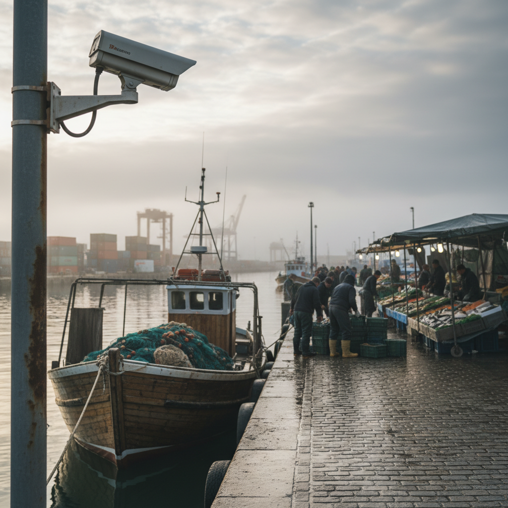 Overvågningskamera monteret i et moderne fitnesscenter med træningsudstyr i baggrunden