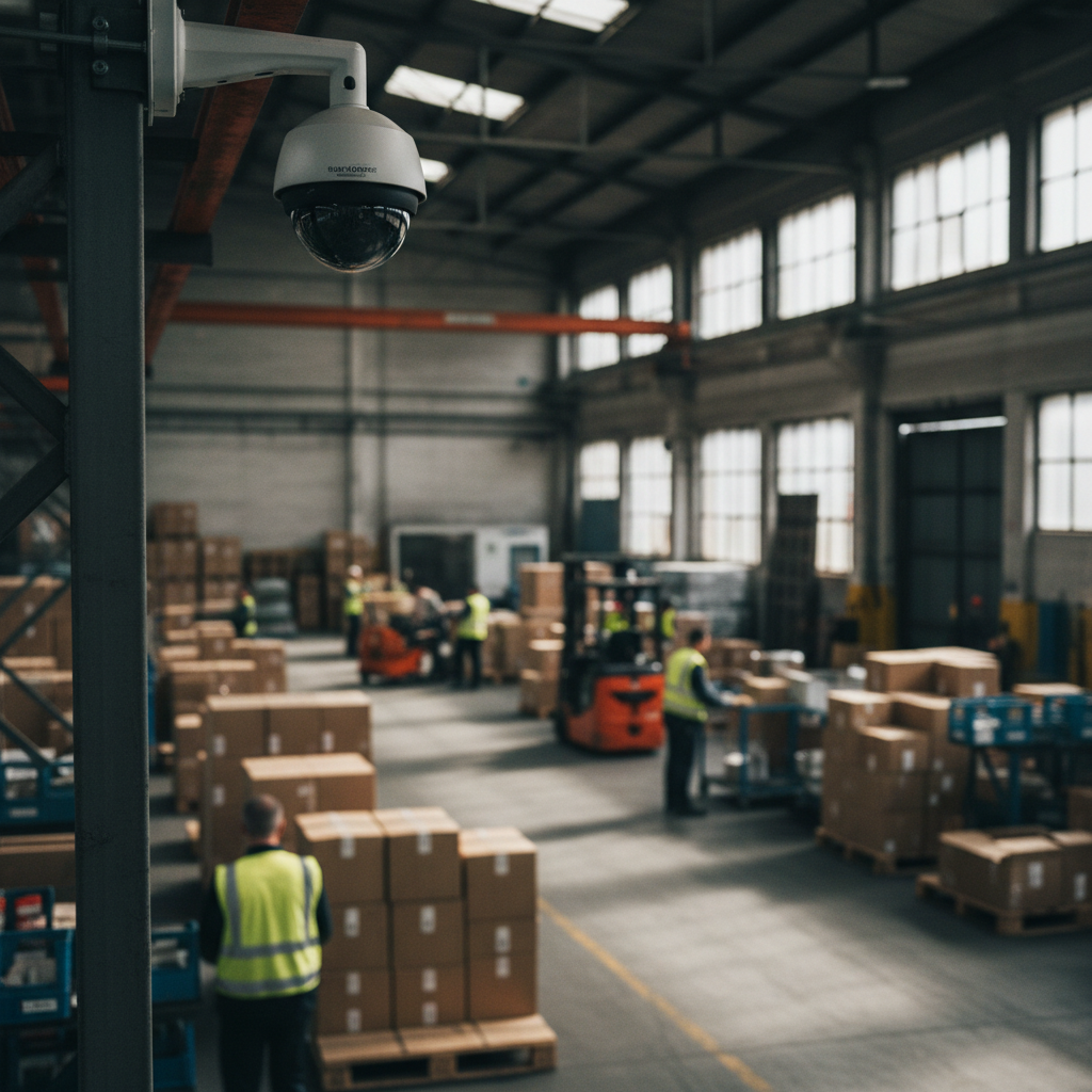 Lager og logistikhal med PTZ overvågningskamera og paller med varer