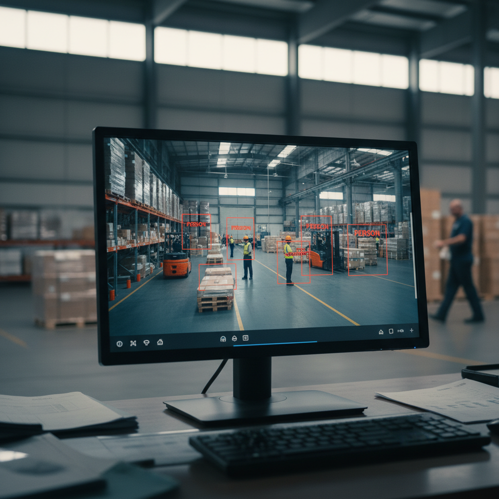 Et moderne overvågningskamera med et digitalt overlay, der symboliserer AI-analyse og edge computing, med fokus på privatlivssymboler i baggrunden.