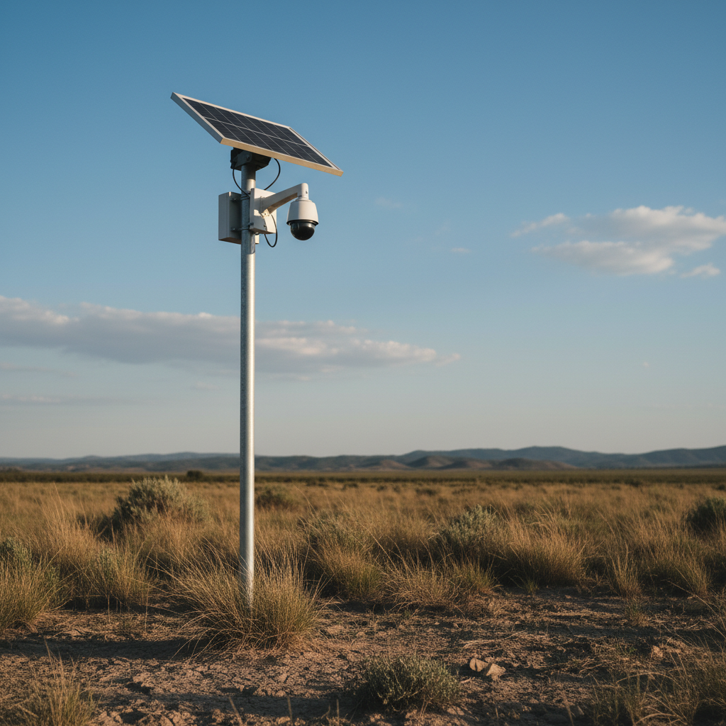 Et solcelledrevet overvågningskamera monteret på en pæl med et solpanel ovenover, i et landligt og afsidesliggende område.