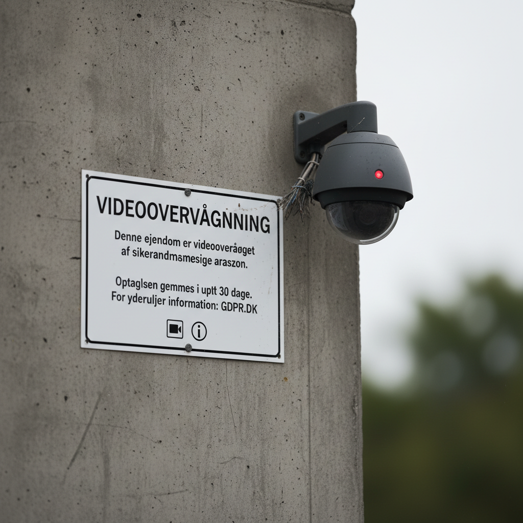 Videoovervågningskamera monteret på en privat bolig med fokus på privatlivets fred og GDPR-regler.