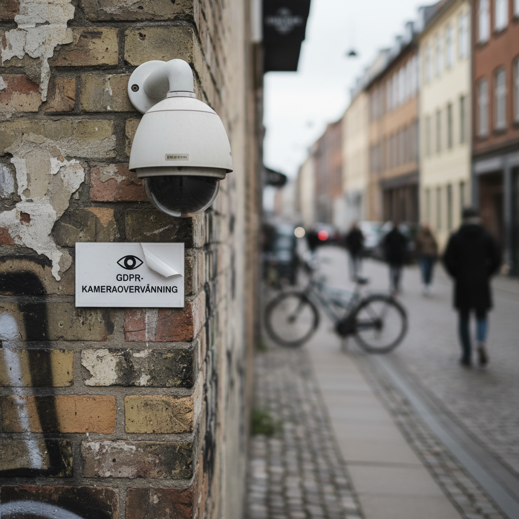 Overvågningskamera monteret på en bygning med et skilt, der indikerer videoovervågning