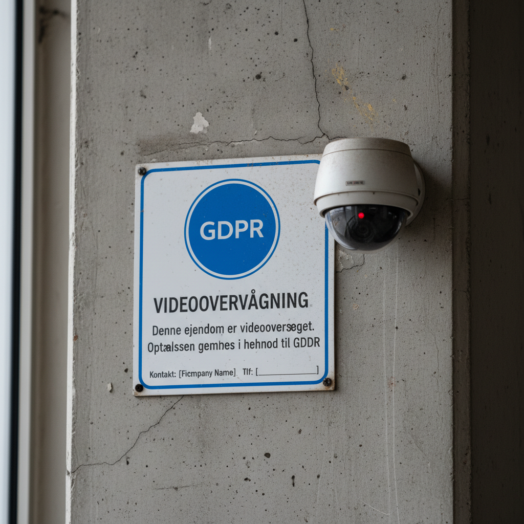 Et tydeligt skilt med et kameraikon og tekst, der informerer om videoovervågning, placeret ved en indgang.