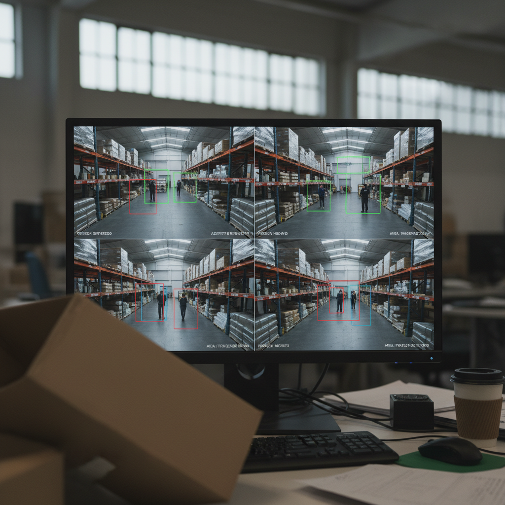 Et overvågningskamera med et digitalt overlay, der illustrerer AI-analyse af en person i et overvåget område.