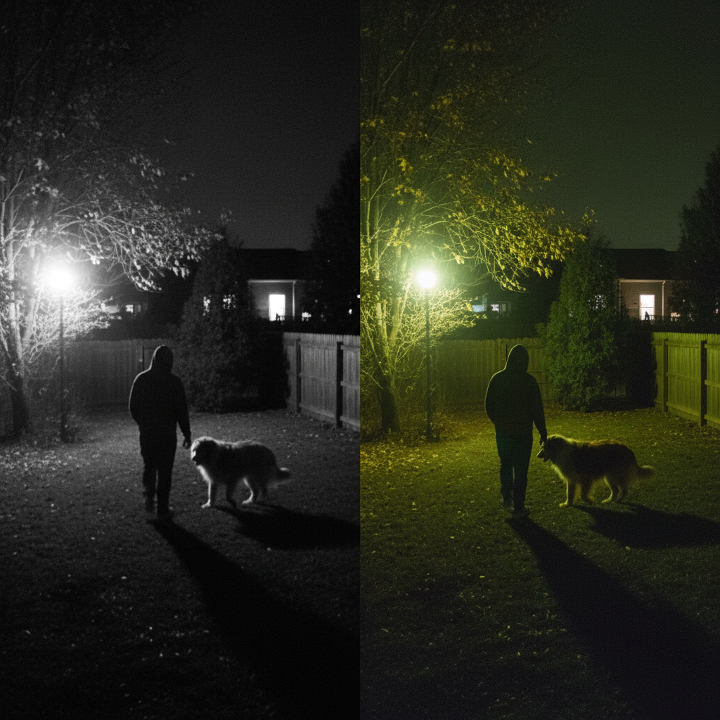 Et overvågningskamera med IR-lys tændt om natten og et andet kamera med farvenattesyn, der viser et klart farvebillede af en have i mørke.