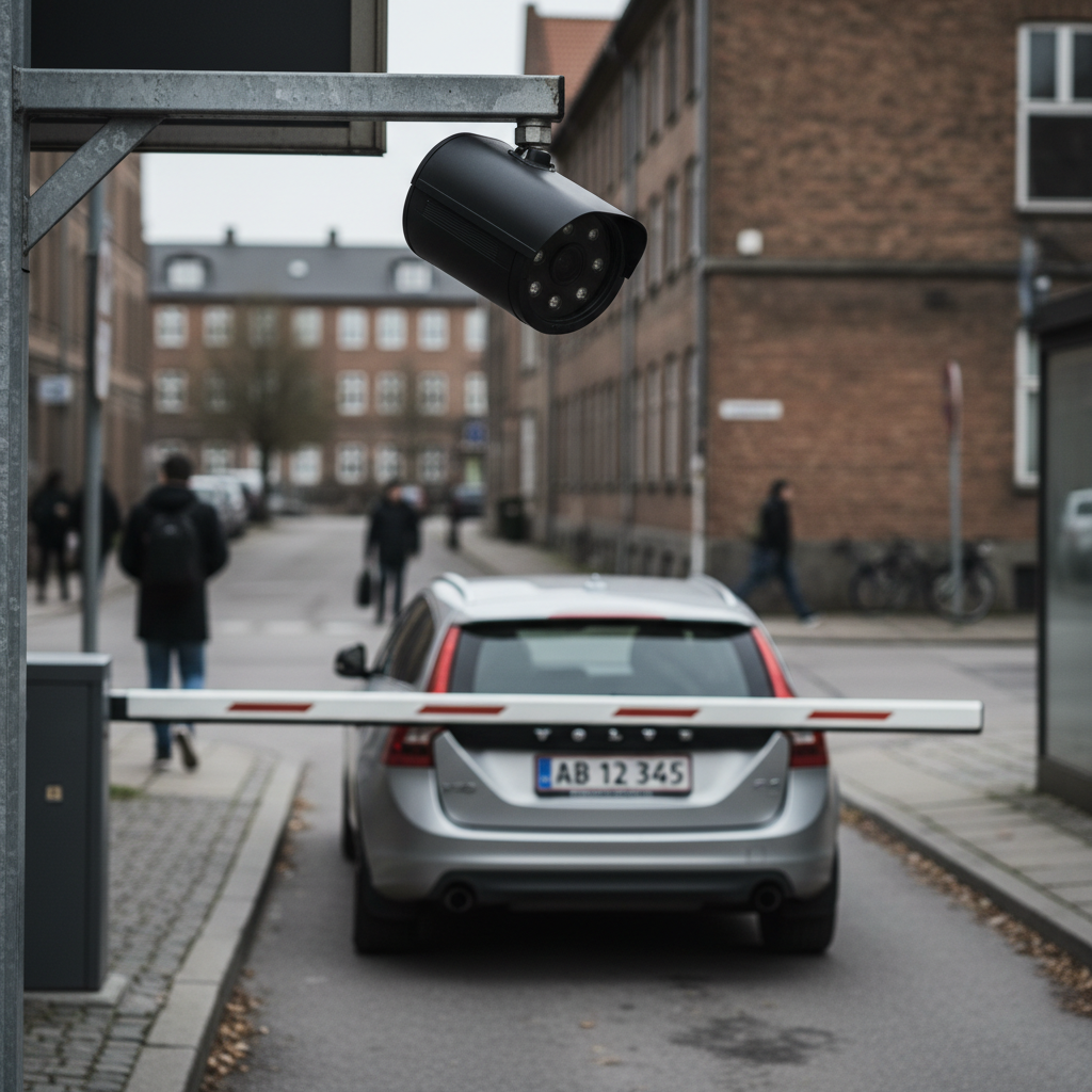 Et ANPR kamera, der scanner en nummerplade på en bil ved en port til en virksomhed
