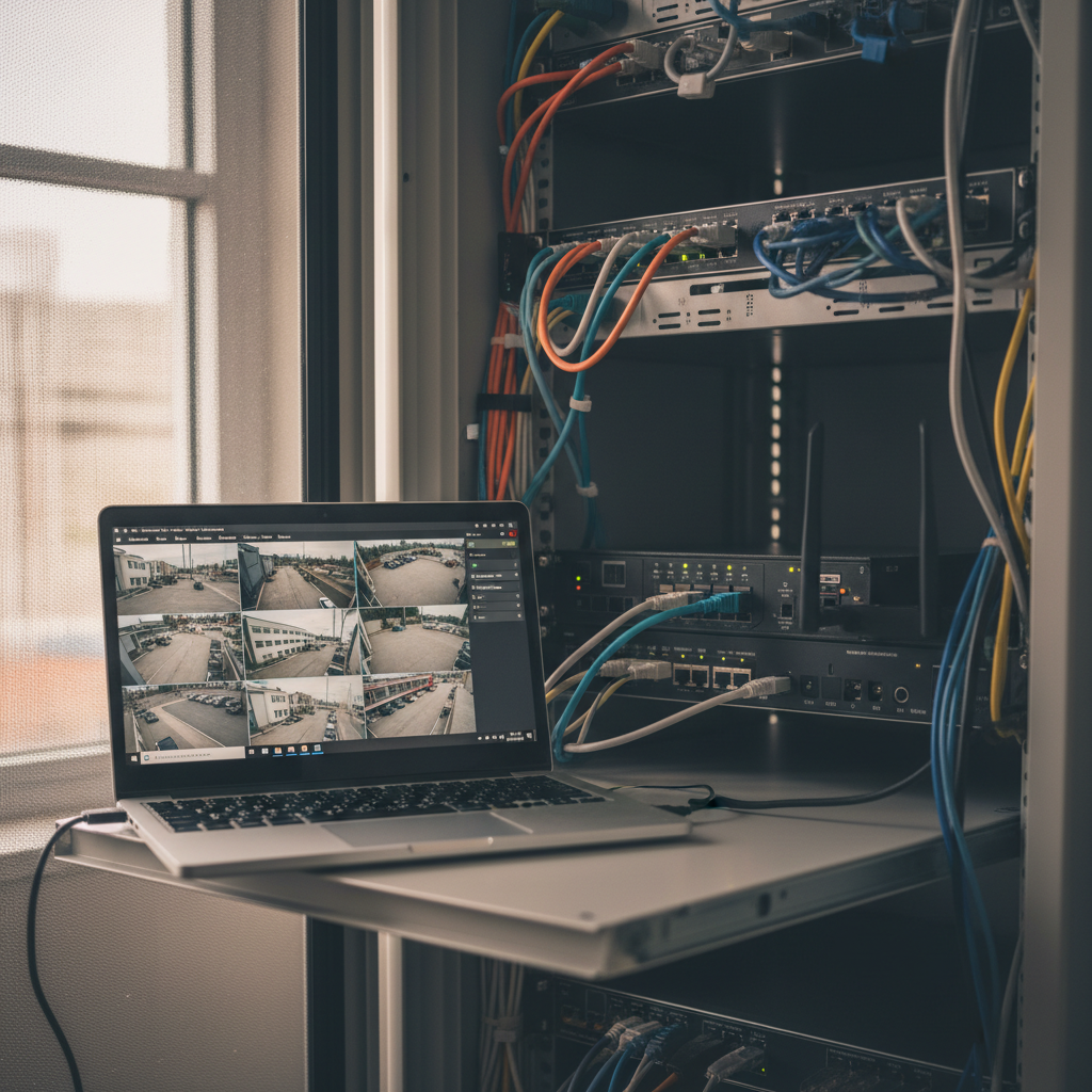 Sammenligning af cloud-ikon og NVR-enhed med kameraer, der symboliserer videoovervågning og lagringsløsninger