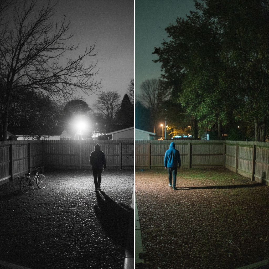 Et moderne alarmsystempanel i en villa med en overvågningsskærm i baggrunden