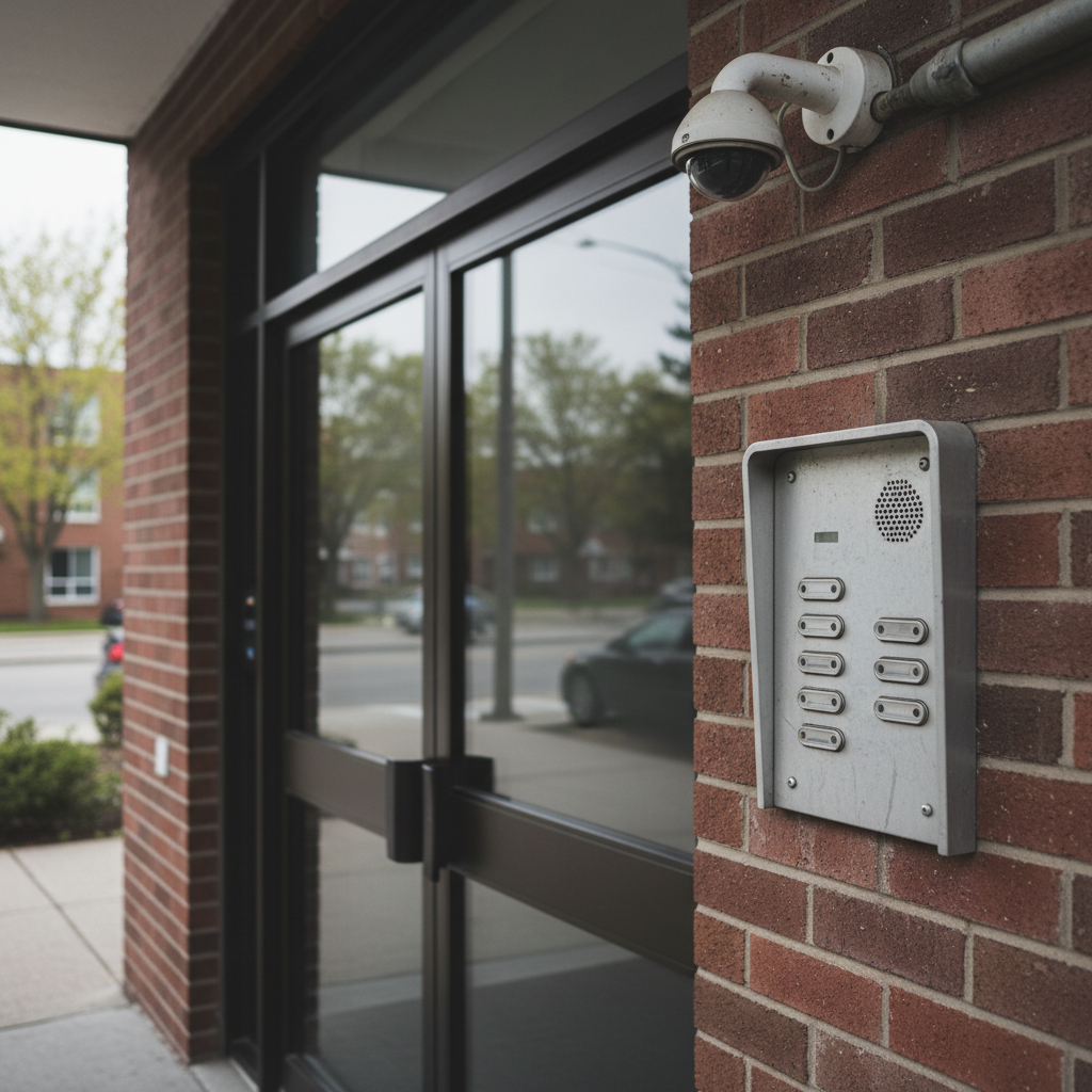 Cykelkælder med cykler og overvågningskamera ved indgangen