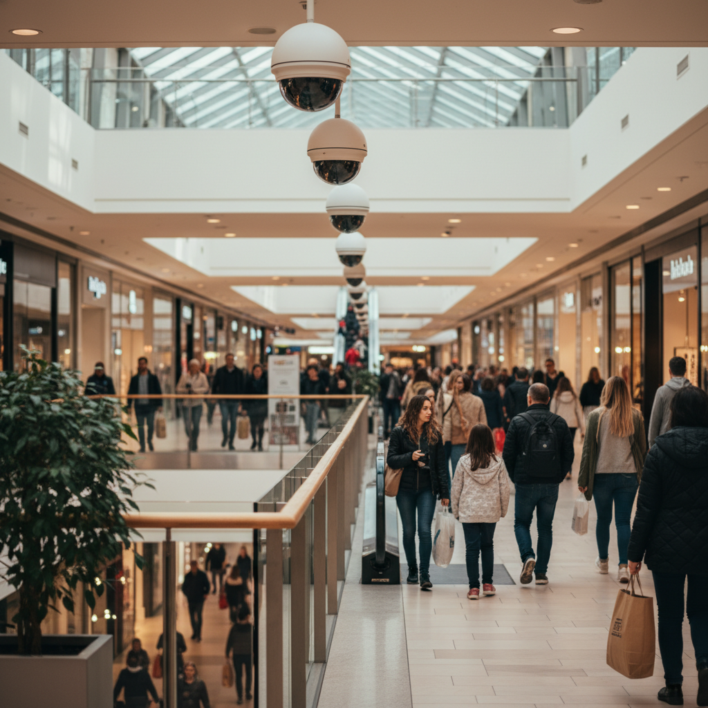 Overvågningskamera i en butik, der holder øje med gangene og varerne
