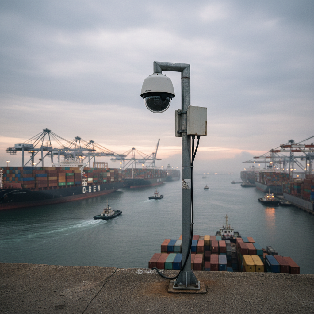 Et moderne havneområde med skibe, containere og sikkerhedskameraer i forgrunden, der symboliserer havnesikkerhed
