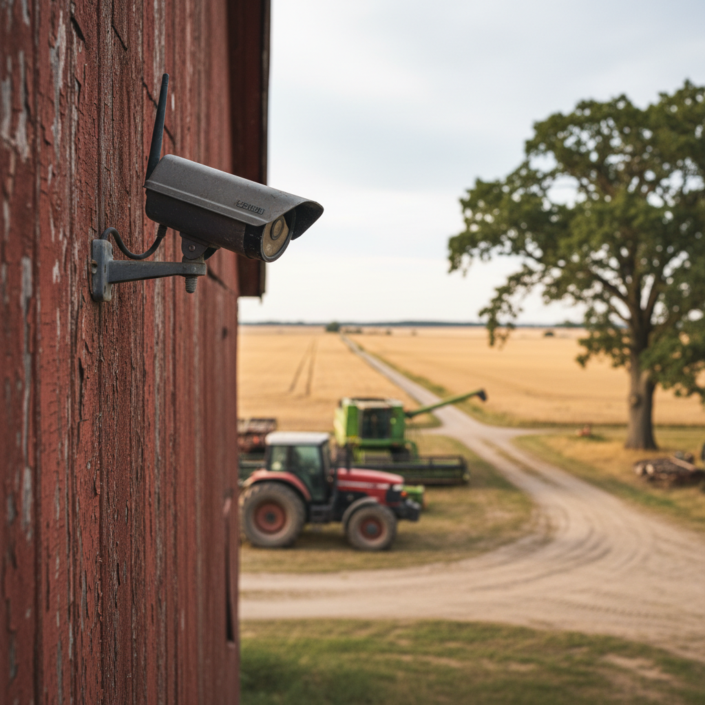 Overvågningskamera monteret på en staldbygning på et landbrug, med grønne marker og en traktor i baggrunden