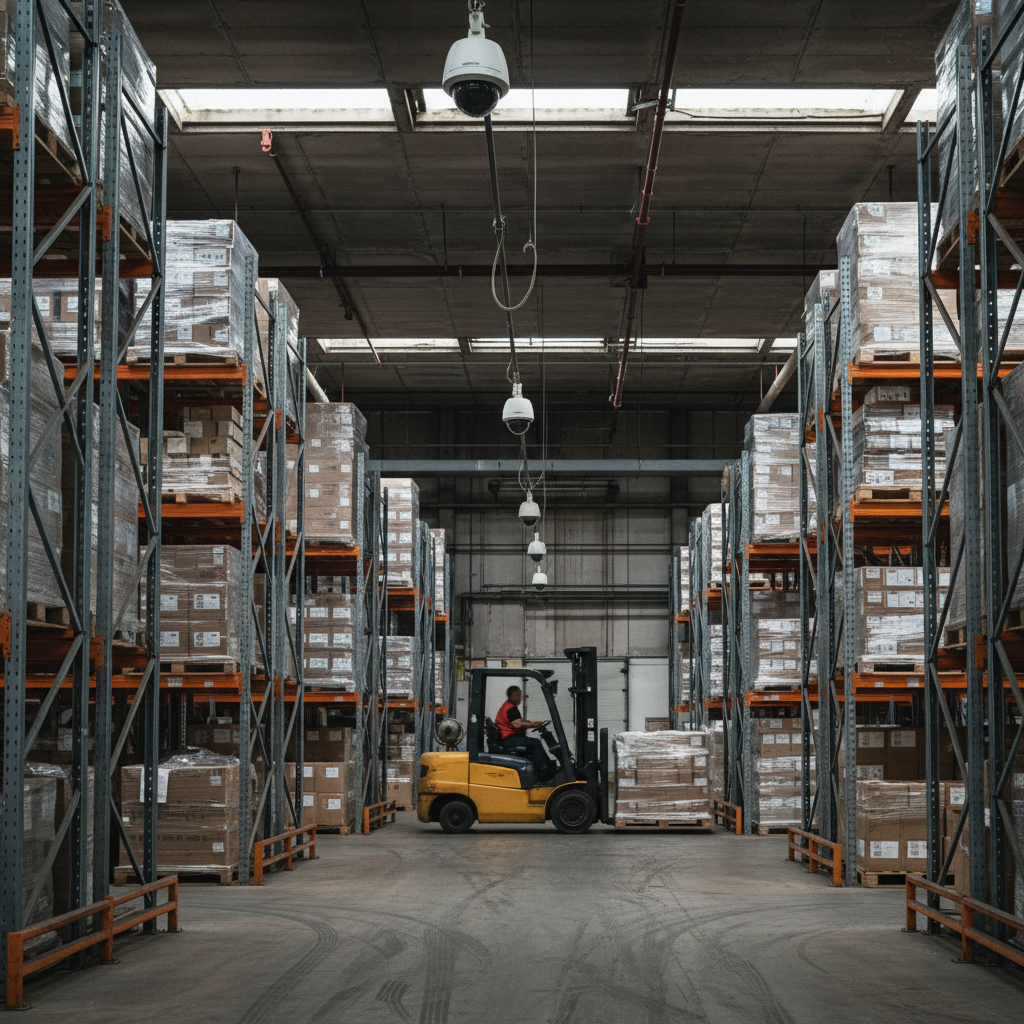 Overvågningskamera monteret i et lager med reoler og gaffeltrucks