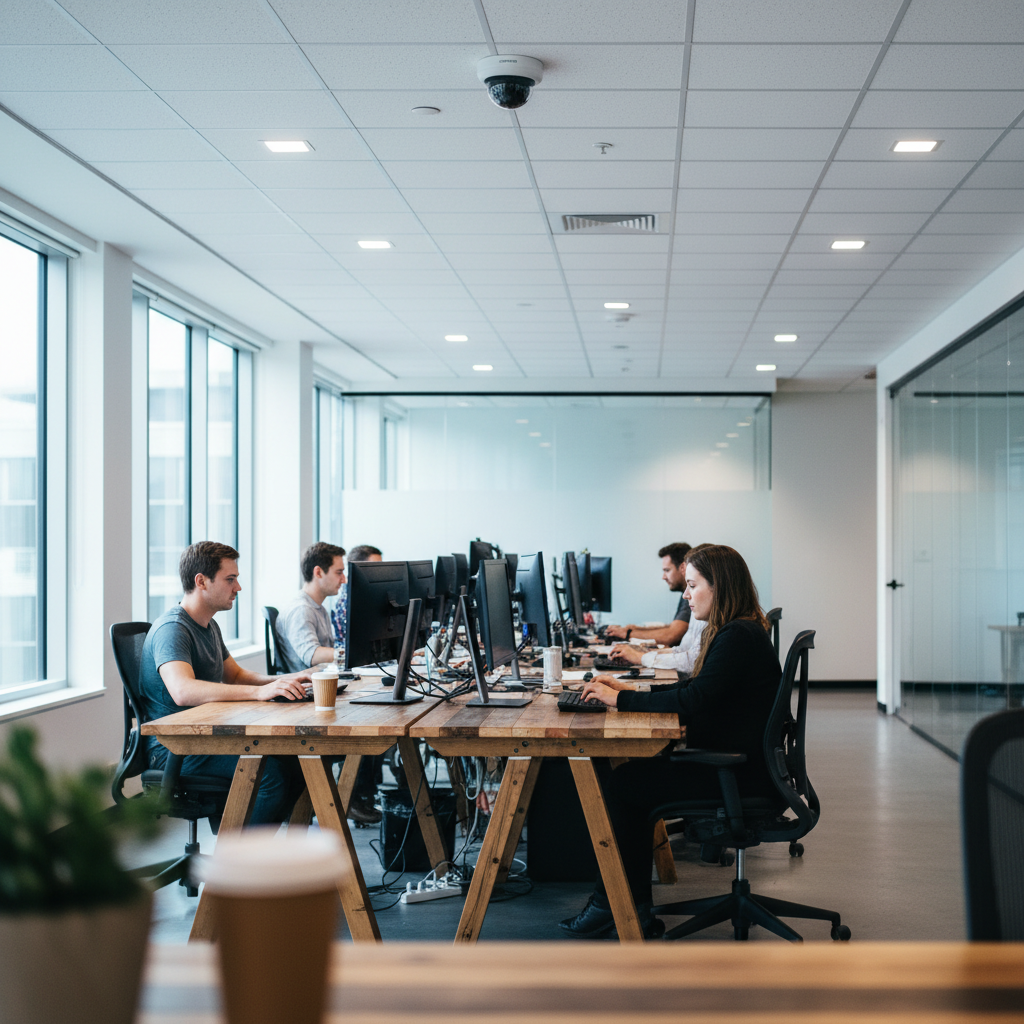 Overvågningskamera monteret i et moderne kontormiljø med fokus på sikkerhed og privatliv