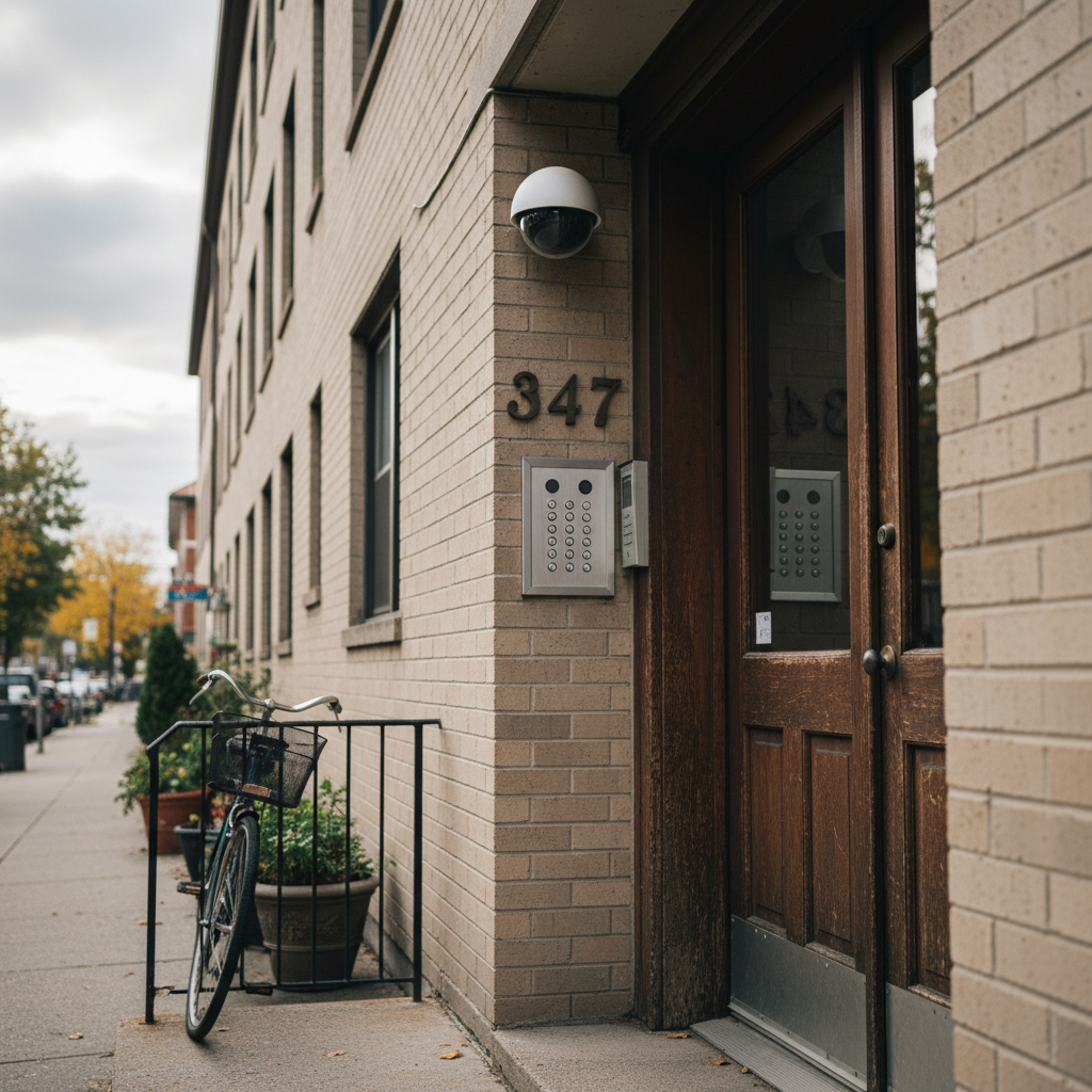 Overvågningskamera monteret diskret på en bygning i en boligforening, med et skilt om videoovervågning i baggrunden.