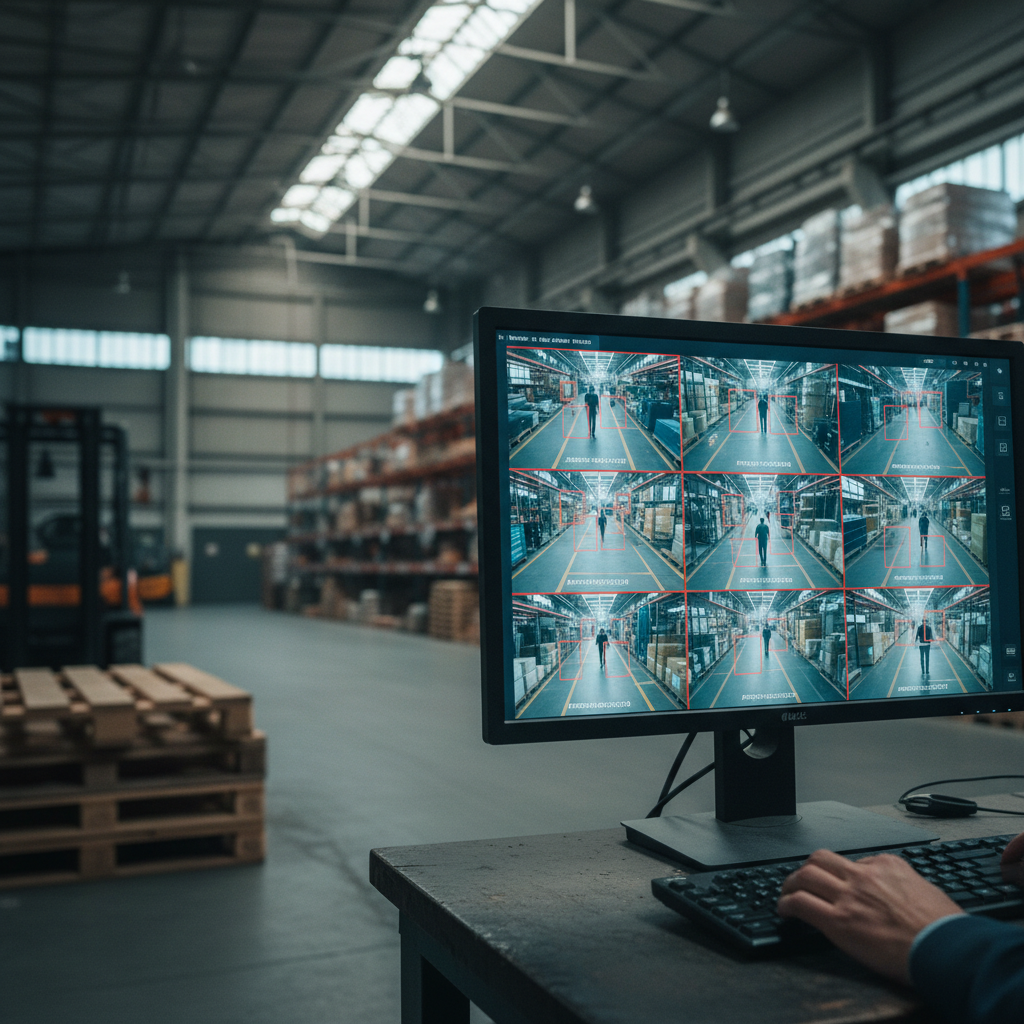Et moderne overvågningskamera med AI-symboler og et netværk, der illustrerer edge computing, med fokus på datasikkerhed og privatliv
