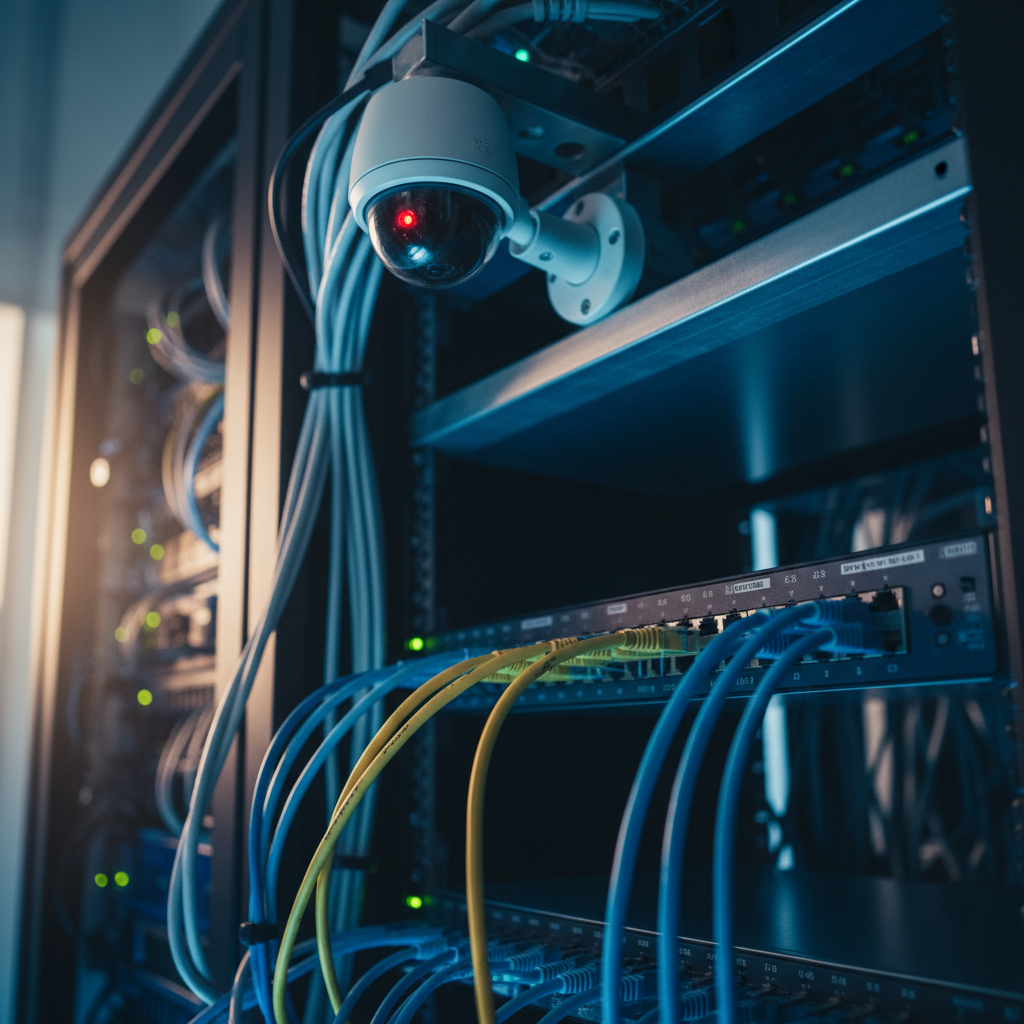 Et IP-kamera symboliserer digital sikkerhed med et beskyttende skjold over et netværk af data