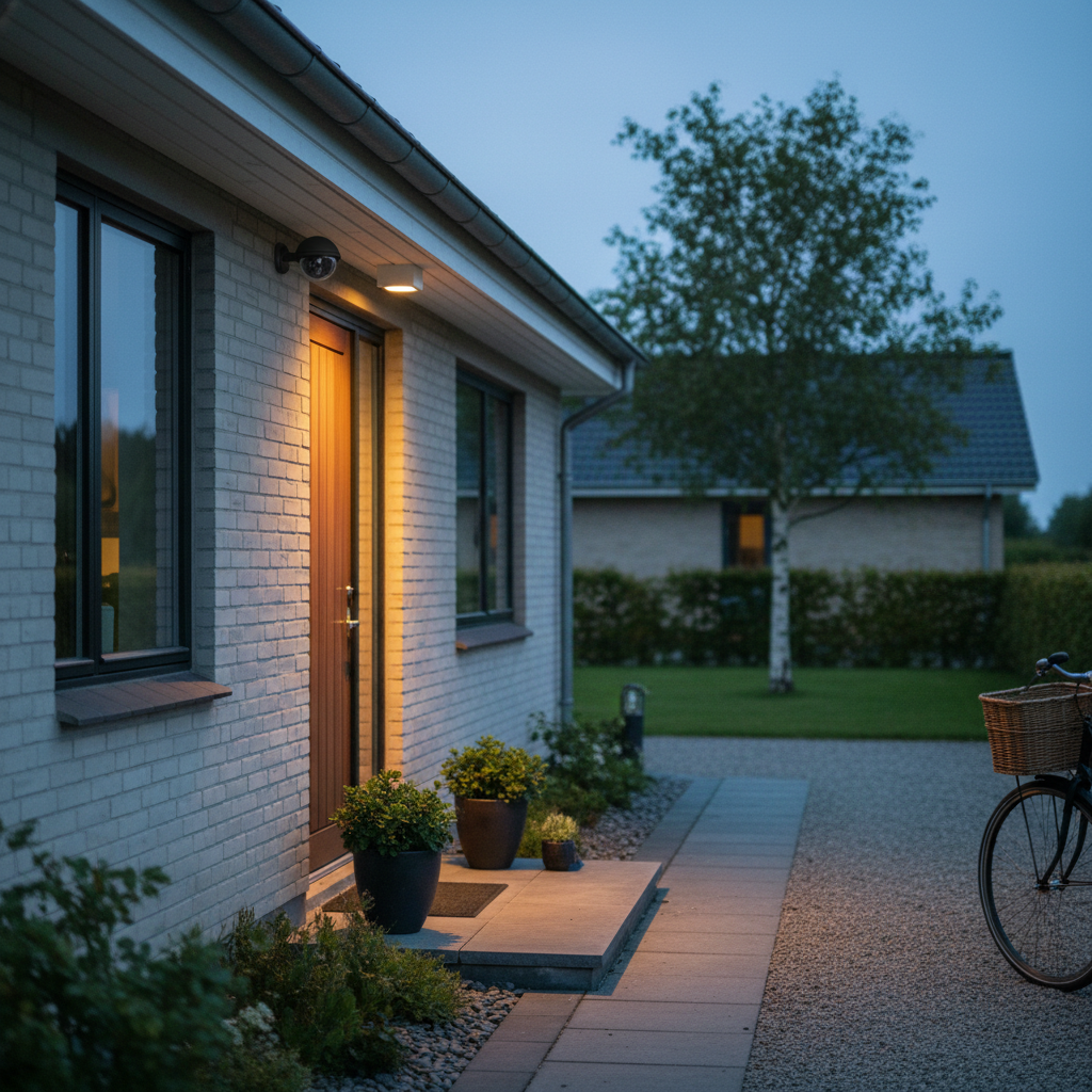 Overvågningskamera monteret på en privat bolig med en sløret baggrund af en have