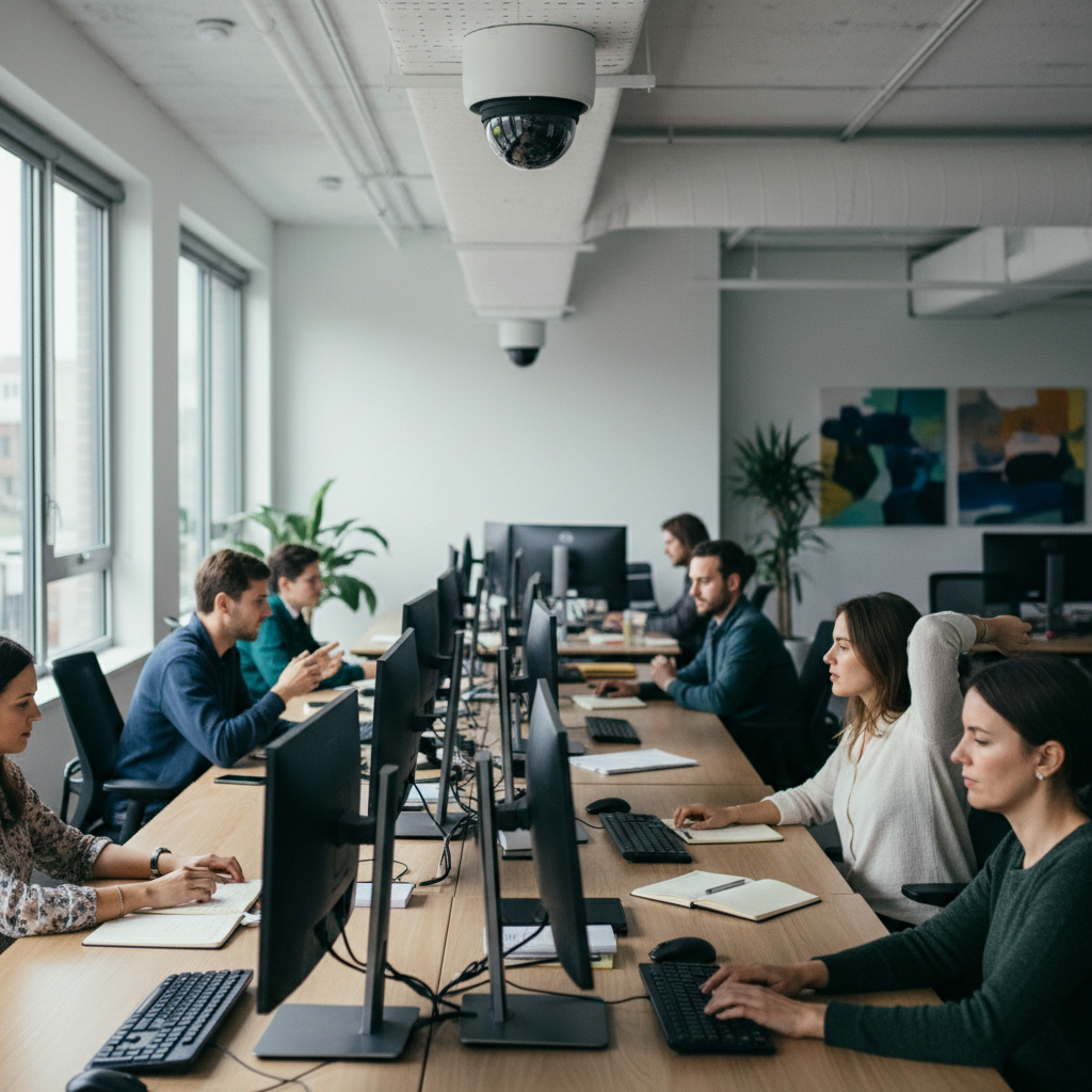 En overvågningskamera monteret på en væg i et erhvervsmiljø med en sløret baggrund af kontorlandskab, symboliserende sikkerhed og privatliv på arbejdspladsen.