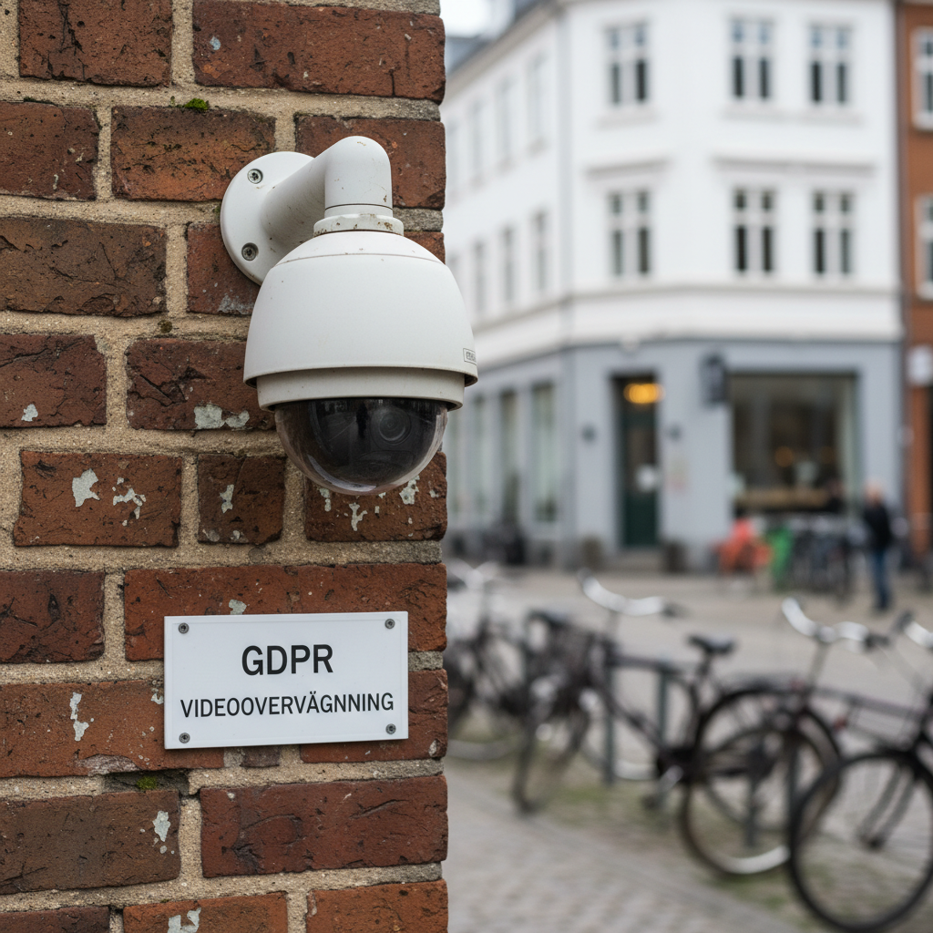 Overvågningskamera monteret på en bygning med et informationsskilt om videoovervågning