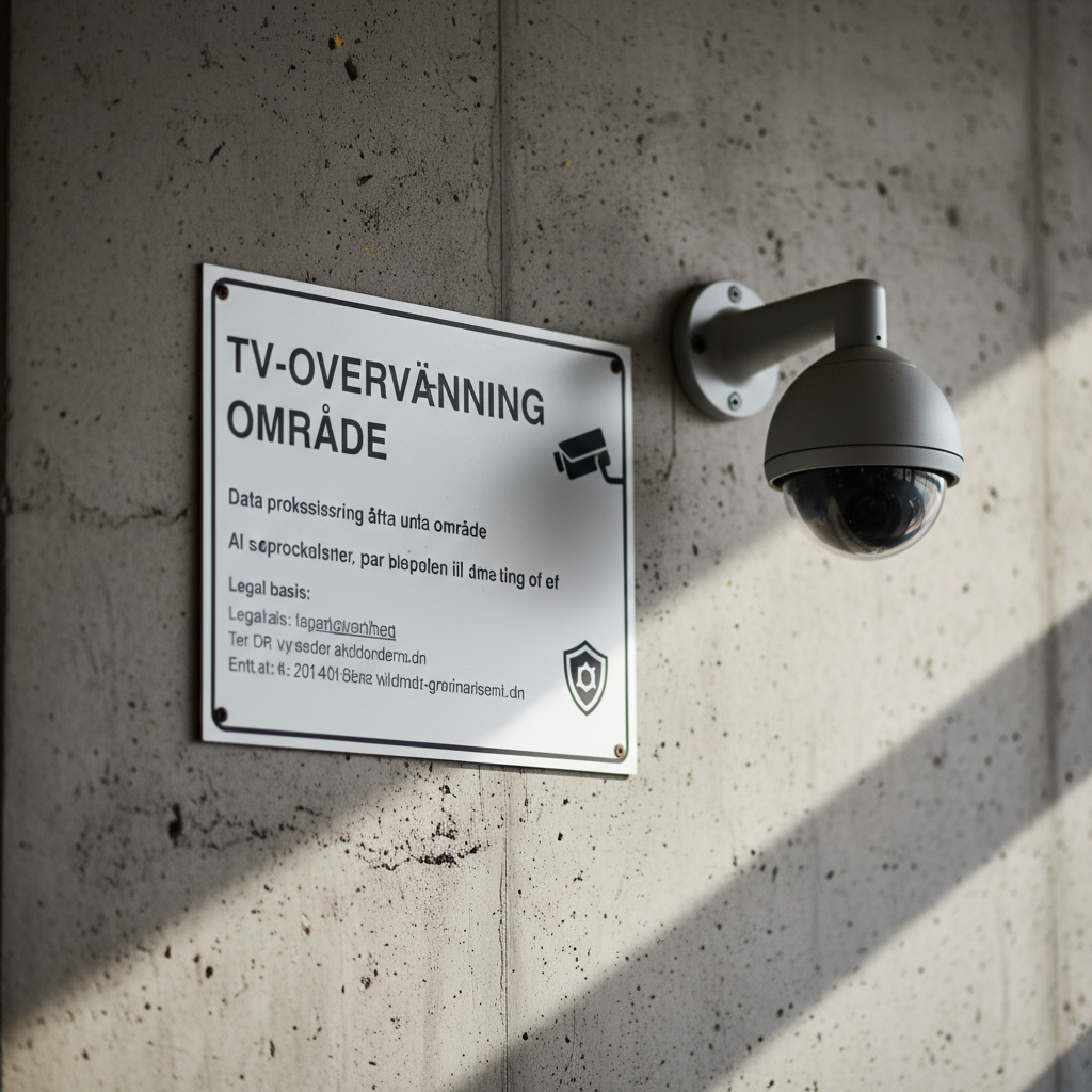 Et tydeligt skilt med et kamera-ikon og teksten 'Videoovervågning' placeret ved en indgang