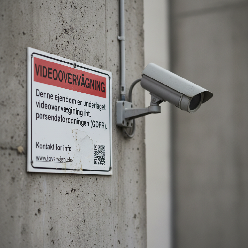 En overvågningskamera, der filmer, med en digital skærm, der viser GDPR-relaterede ikoner i baggrunden