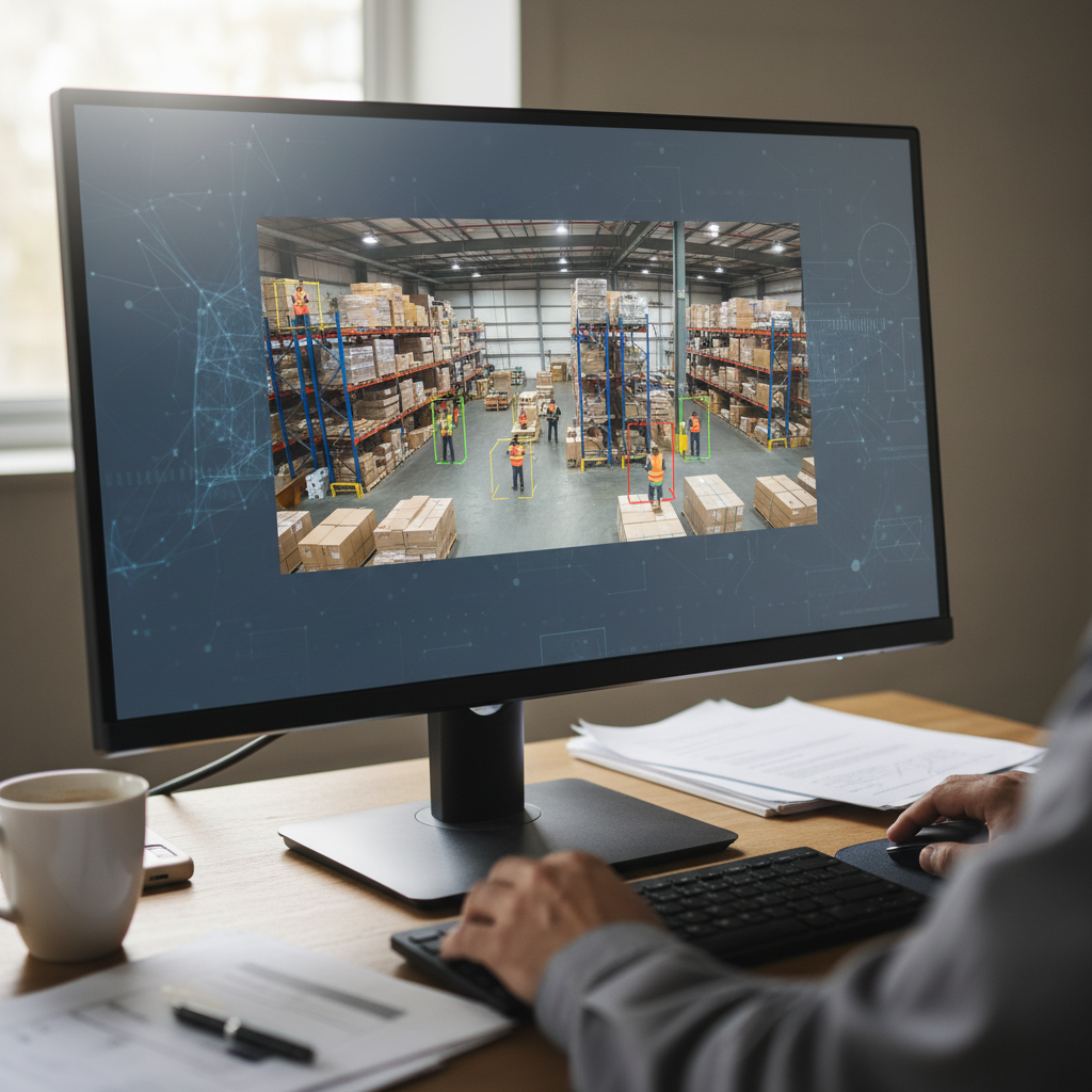 Et moderne overvågningskamera med et digitalt overlay, der illustrerer AI-analyse af en person i et afgrænset område