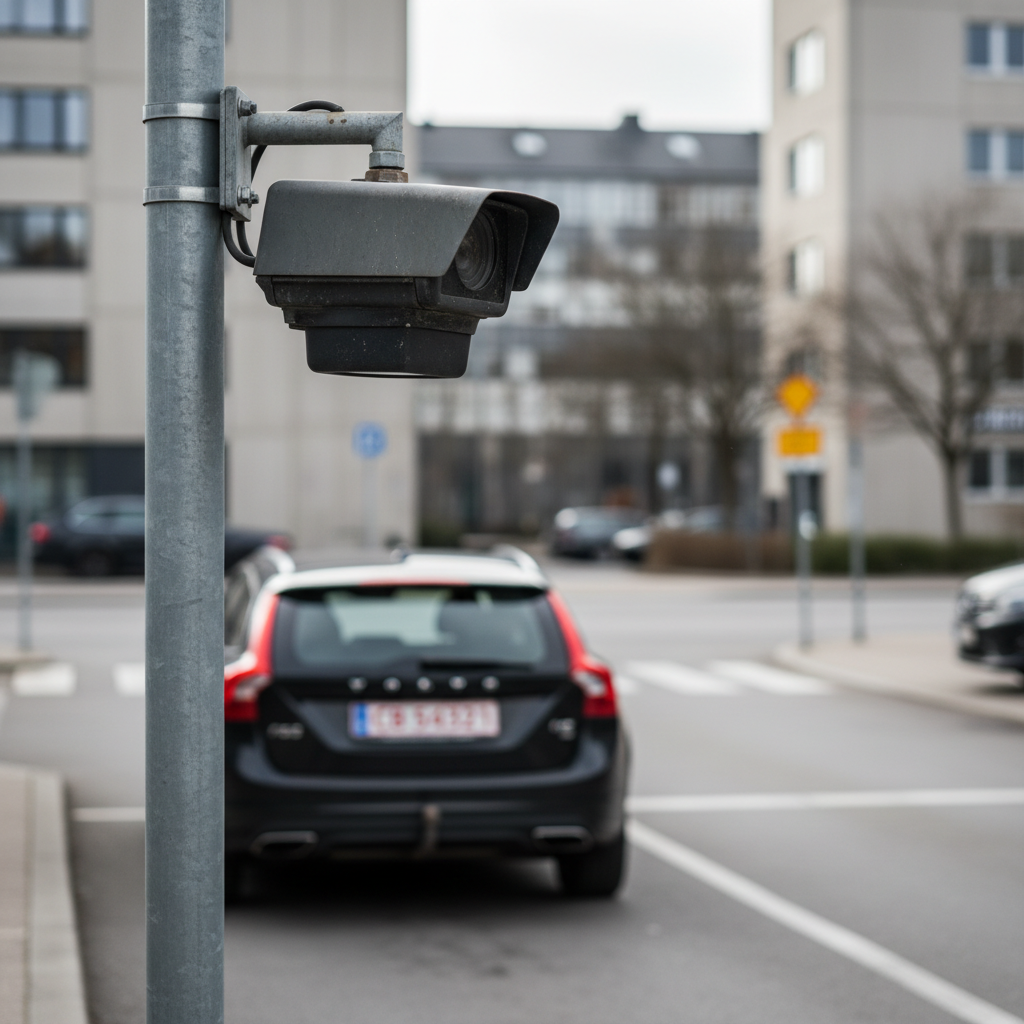 Et ANPR-kamera overvåger en indkørsel til en virksomhed, mens en bil kører forbi