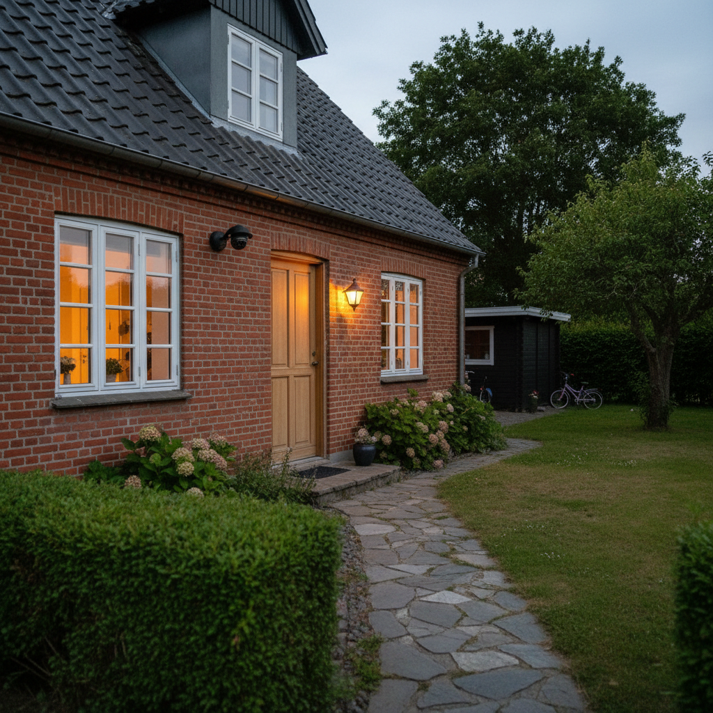 Oversigtsbillede af Danmark med grafer og ikoner, der symboliserer indbrudsstatistik og sikkerhed