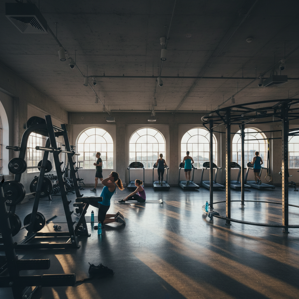 Overvågningskamera monteret i et moderne fitnesscenter, med fokus på diskretion og sikkerhed